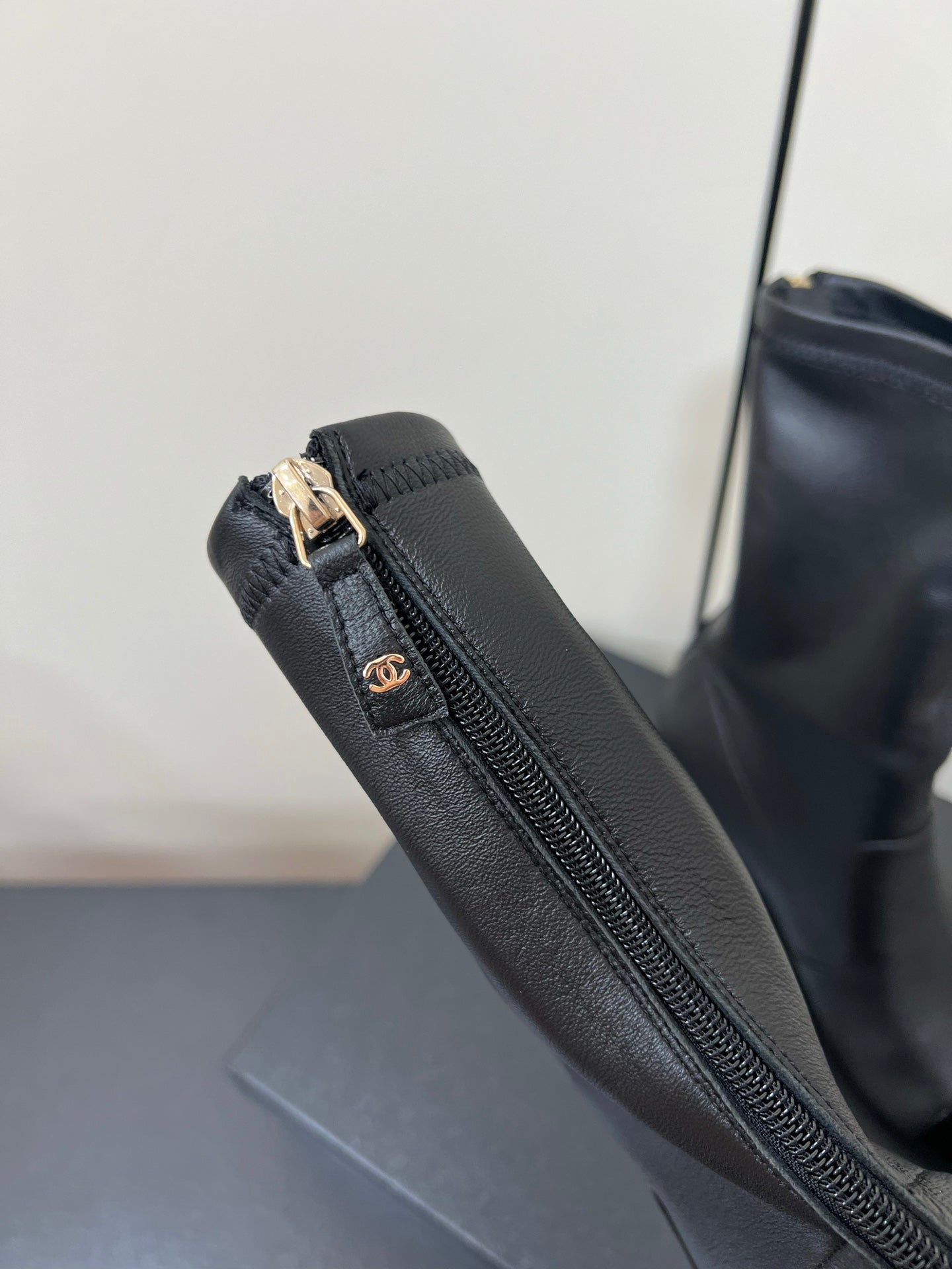 Chanel Double C Giant Pearl Heel Stretch Boots Black Sheepskin 441707