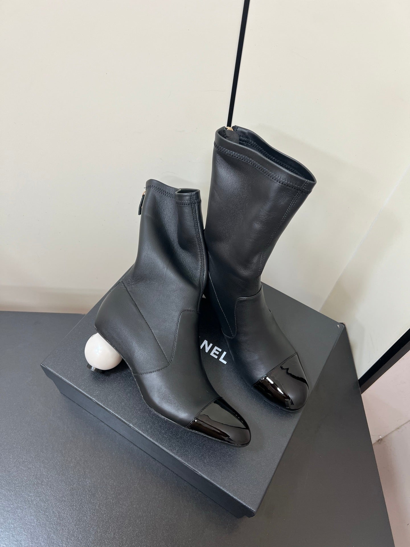 Chanel Double C Giant Pearl Heel Stretch Boots Black Sheepskin 441707