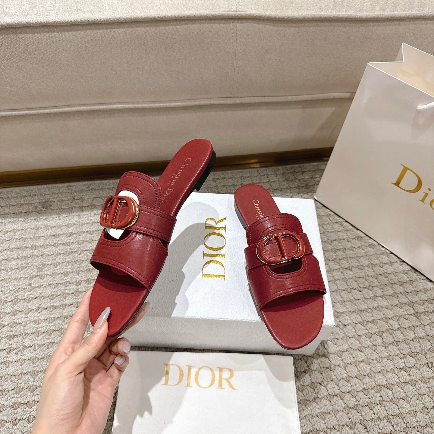 CD 25 letter hollow flat sandals red calfskin 396104
