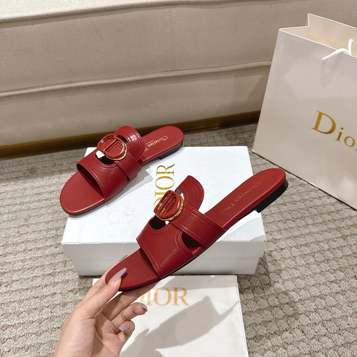 CD 25 letter hollow flat sandals red calfskin 396104