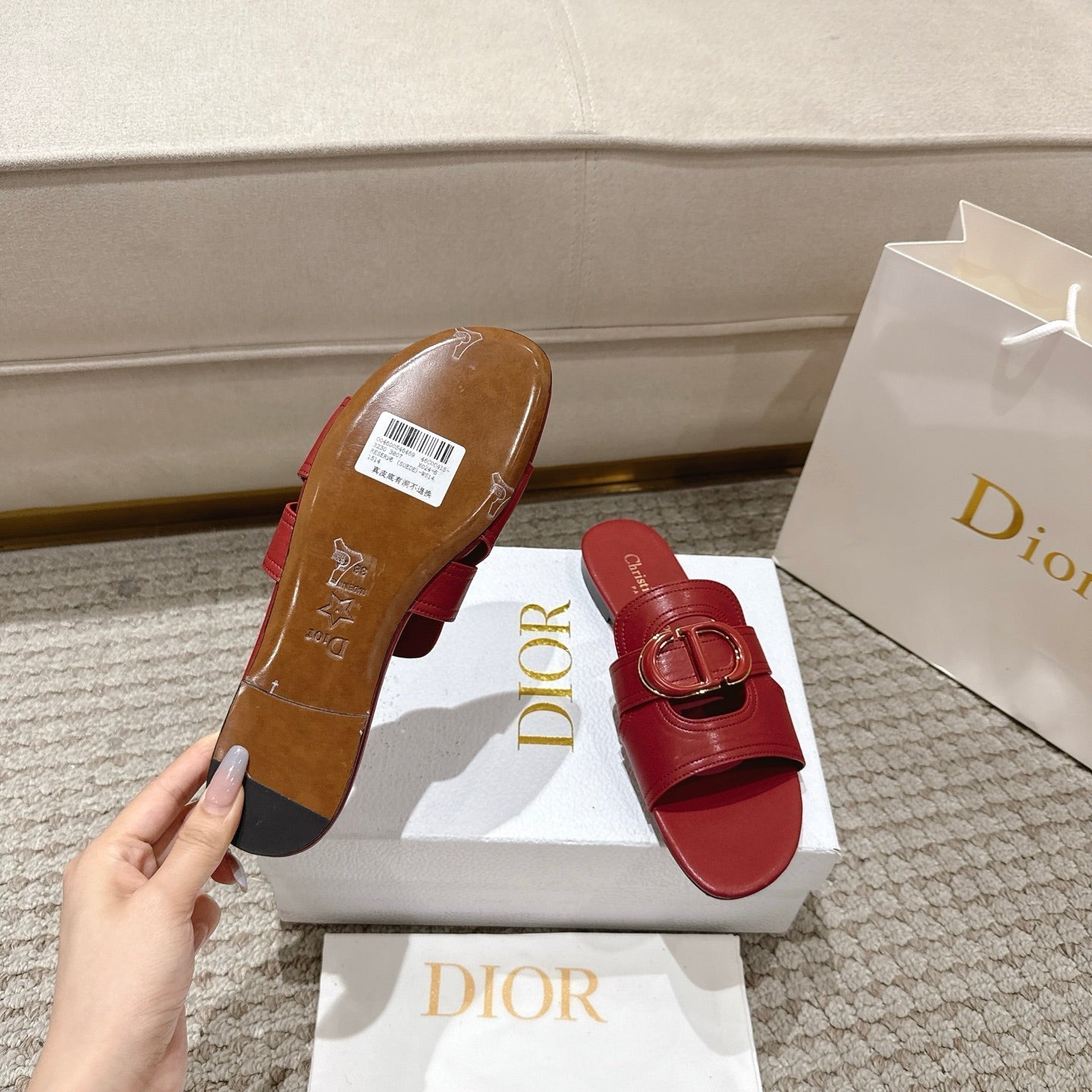 CD 25 letter hollow flat sandals red calfskin 396104