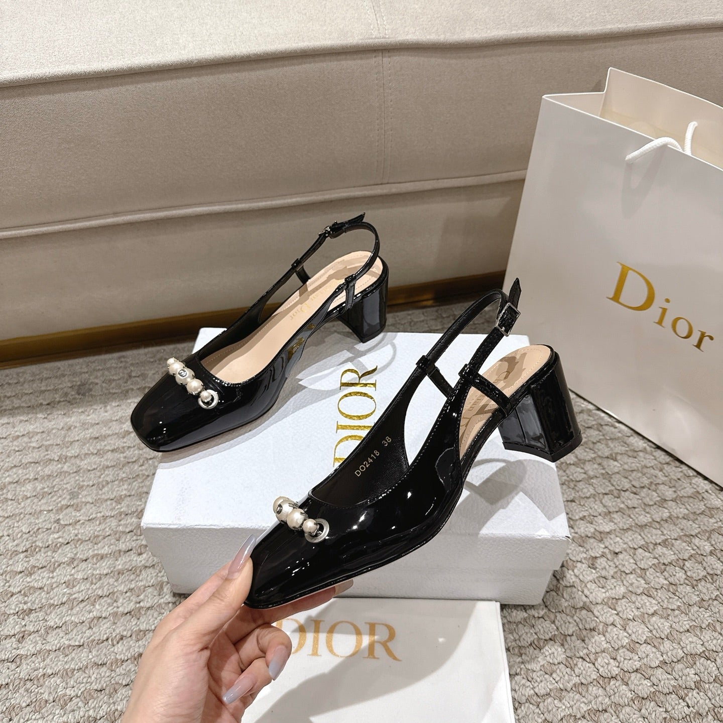 CD 25 slingback black pearls patent leather 396119