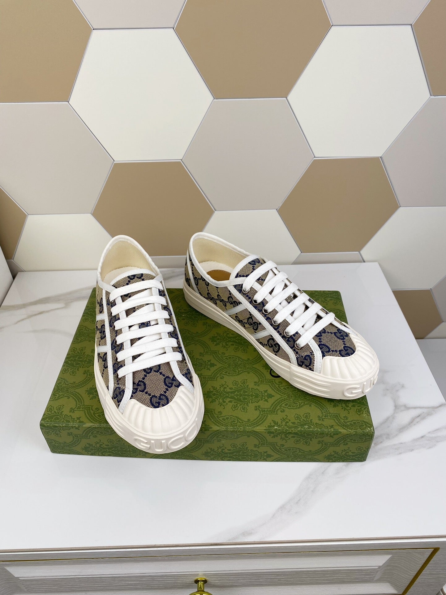 GG JULIO SNEAKER WITH WEB NAVY PATTERNED CANVAS