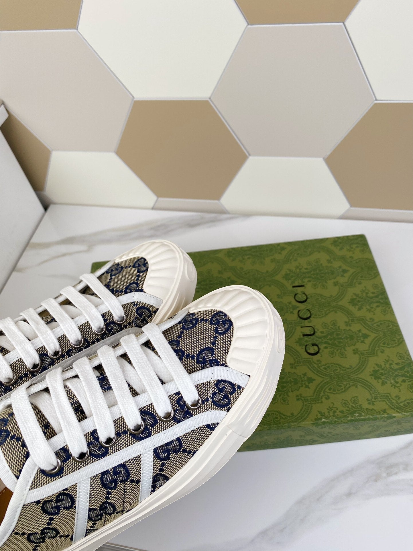 GG JULIO SNEAKER WITH WEB NAVY PATTERNED CANVAS
