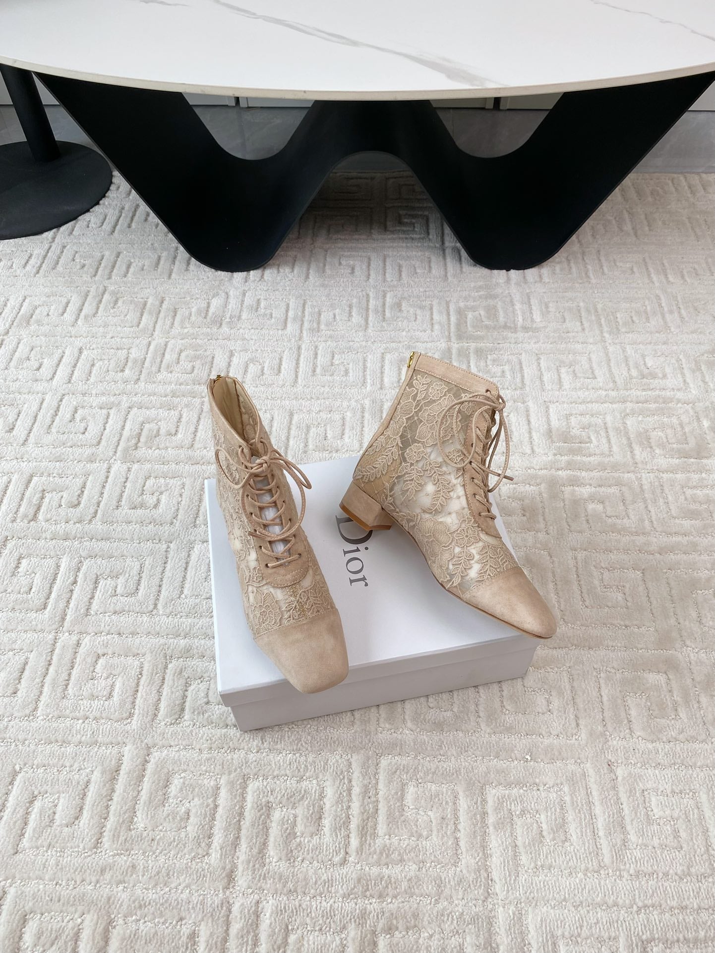 CD Naughtily-D Heeled Ankle Boot Beige Transparent Mesh Roses Embroidery And Suede