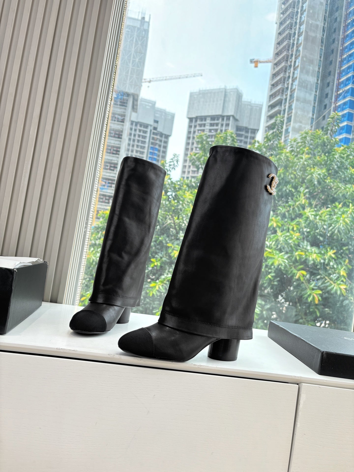 CC 25 High Boot Black Calfskin Grosgrain 430335