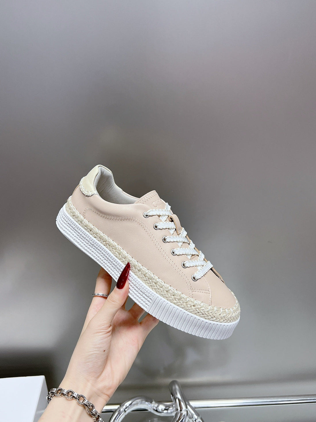 CHLOÃ‰ TELMA LACE-UP SNEAKER IN DESERT SAND LAMBSKIN AND RAFFIA