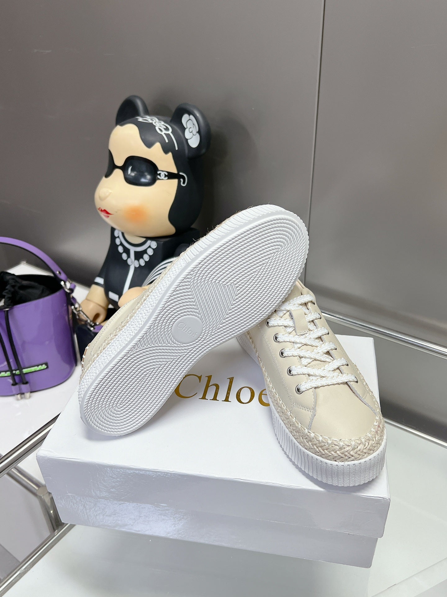 CHLOÃ‰ TELMA LACE-UP SNEAKER IN CREAM BEIGE LAMBSKIN AND RAFFIA
