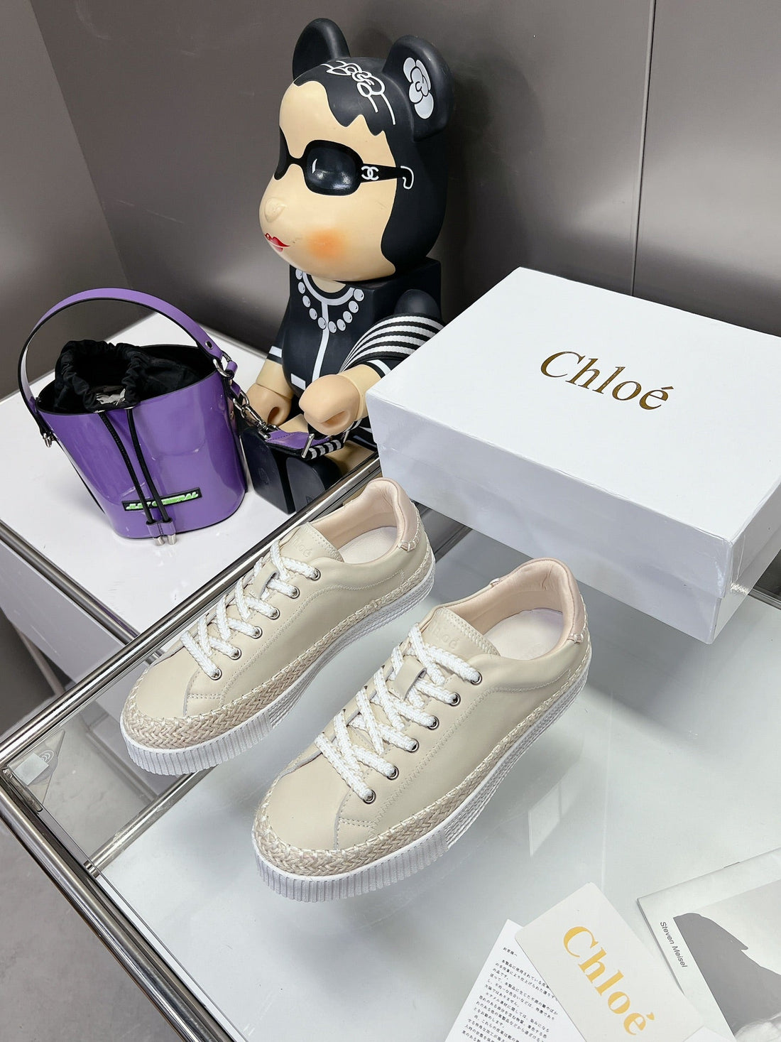 CHLOÃ‰ TELMA LACE-UP SNEAKER IN CREAM BEIGE LAMBSKIN AND RAFFIA