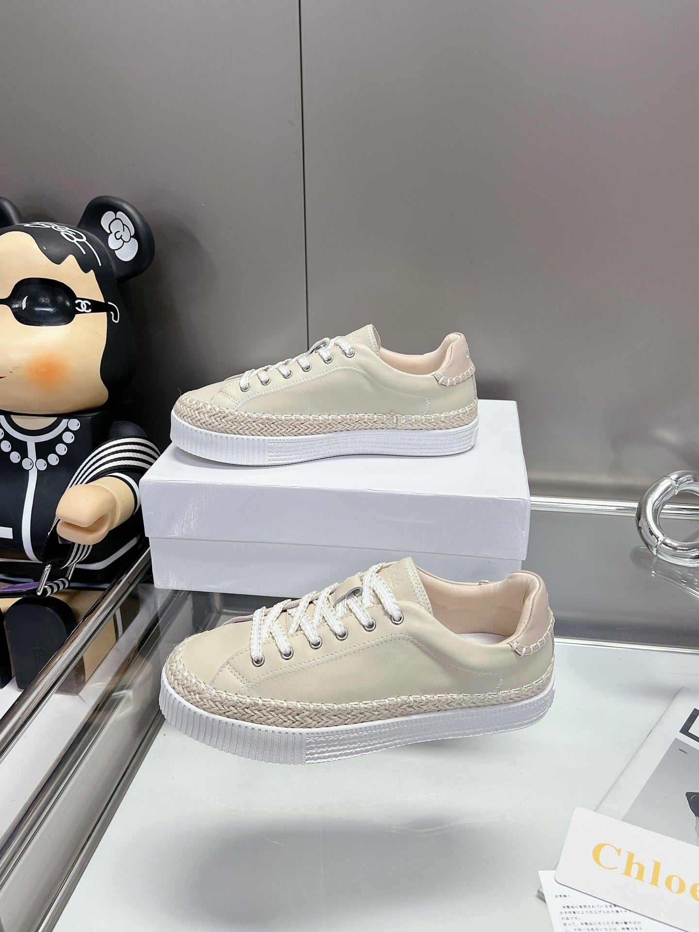 CHLOÃ‰ TELMA LACE-UP SNEAKER IN CREAM BEIGE LAMBSKIN AND RAFFIA
