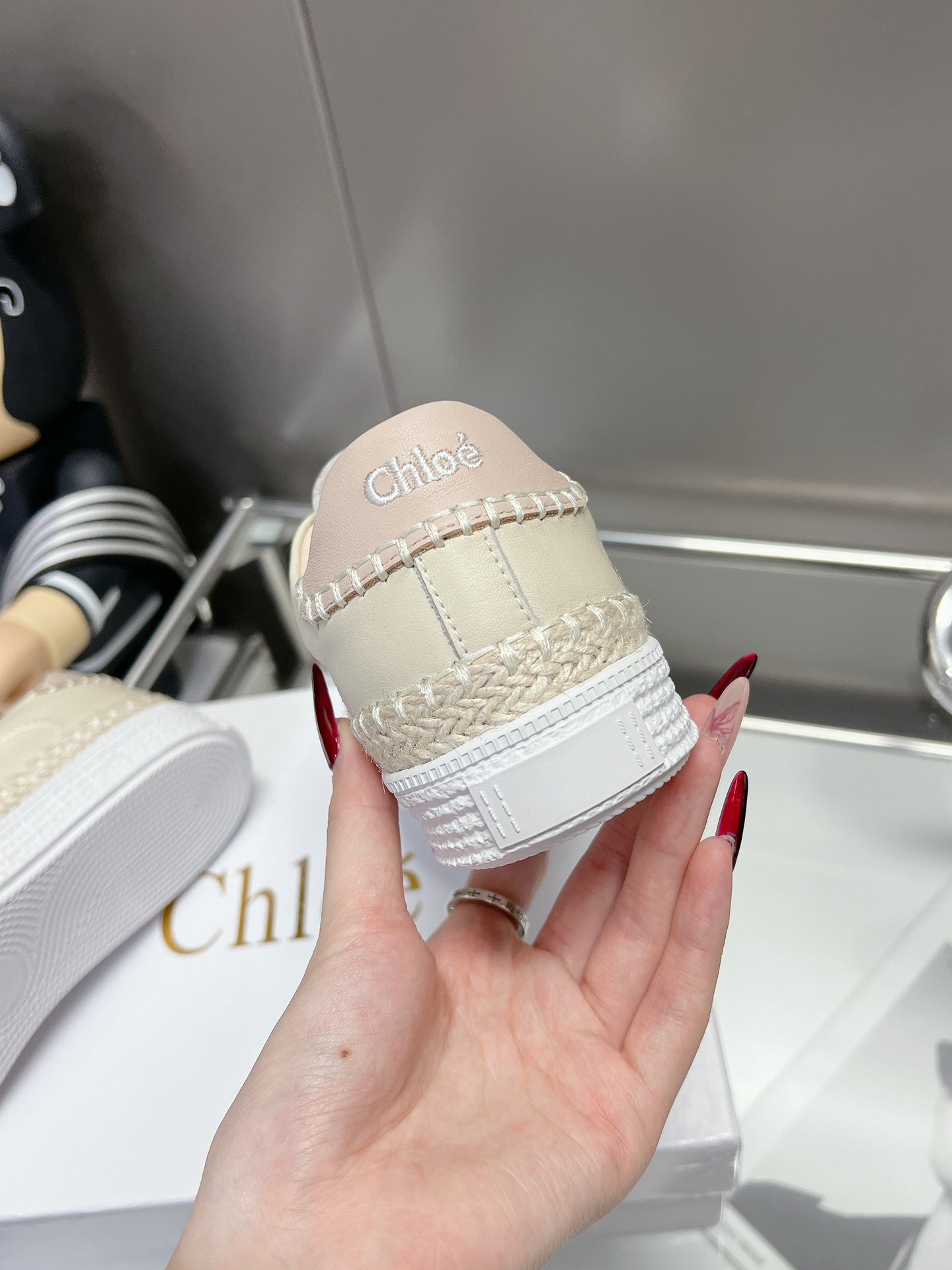 CHLOÃ‰ TELMA LACE-UP SNEAKER IN CREAM BEIGE LAMBSKIN AND RAFFIA