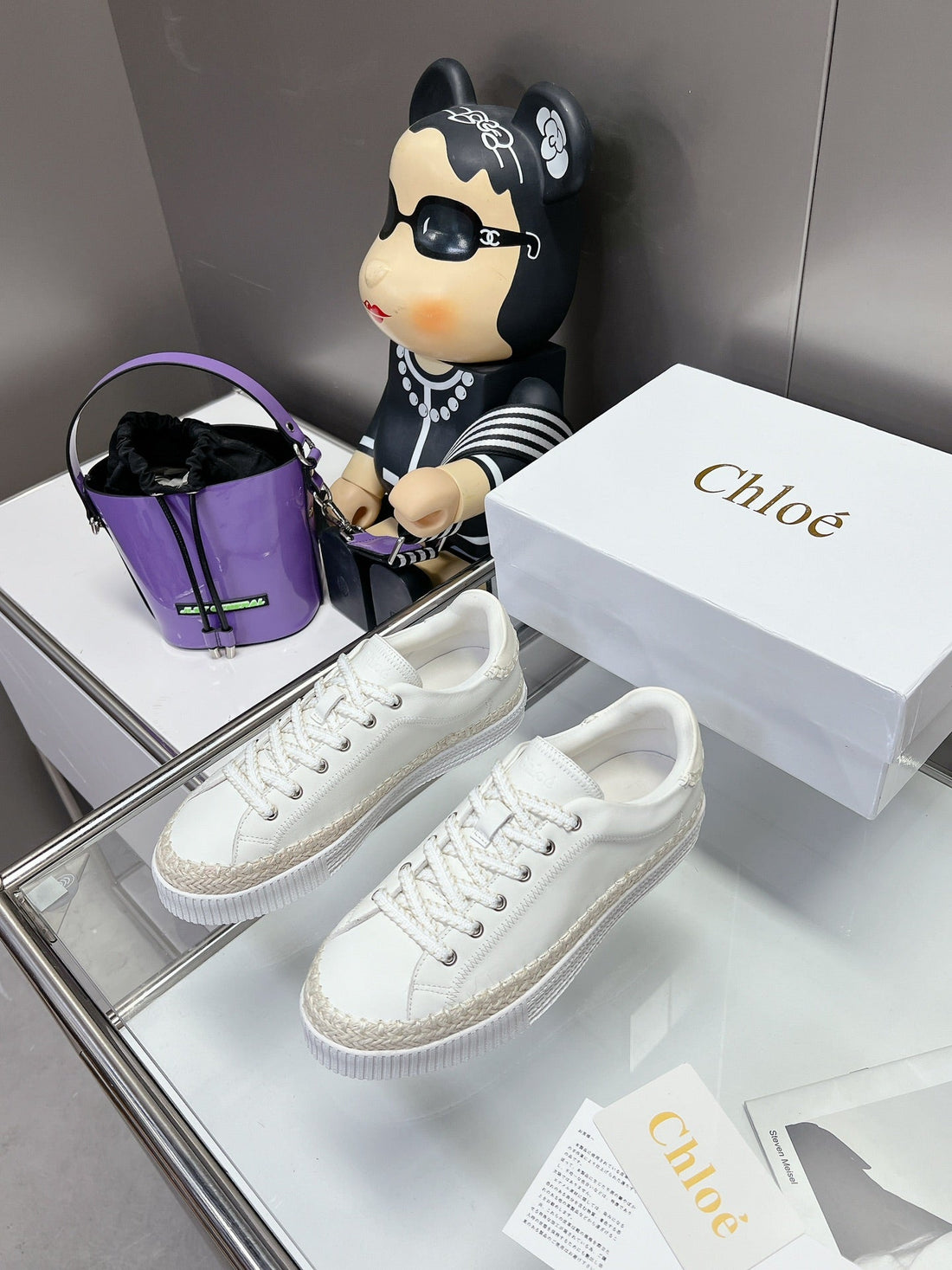 CHLOÃ‰ TELMA LACE-UP SNEAKER IN WHITE LAMBSKIN AND RAFFIA
