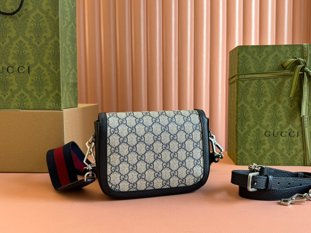 Gucci Horsebit Bag Ebony Blue Black  Leather Canvas 244258