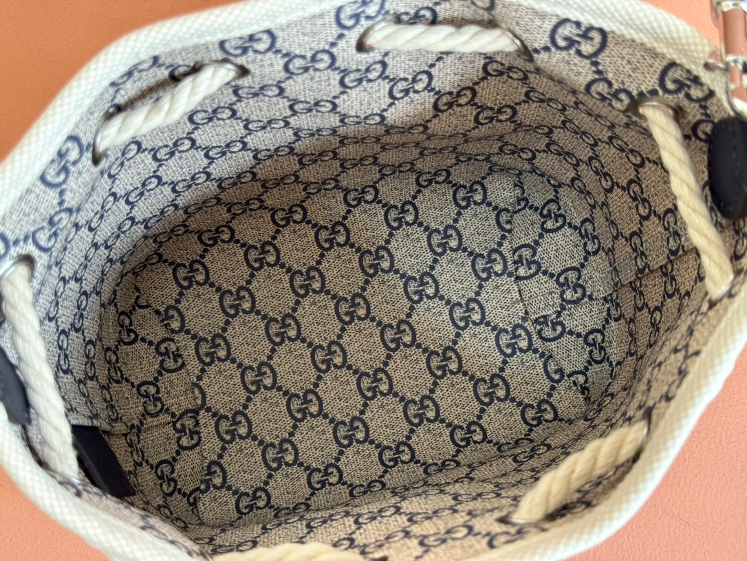 Gucci Bucket Bag Blue White Leather Canvas