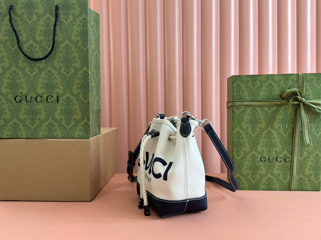 Gucci Bucket Bag Blue White Leather Canvas