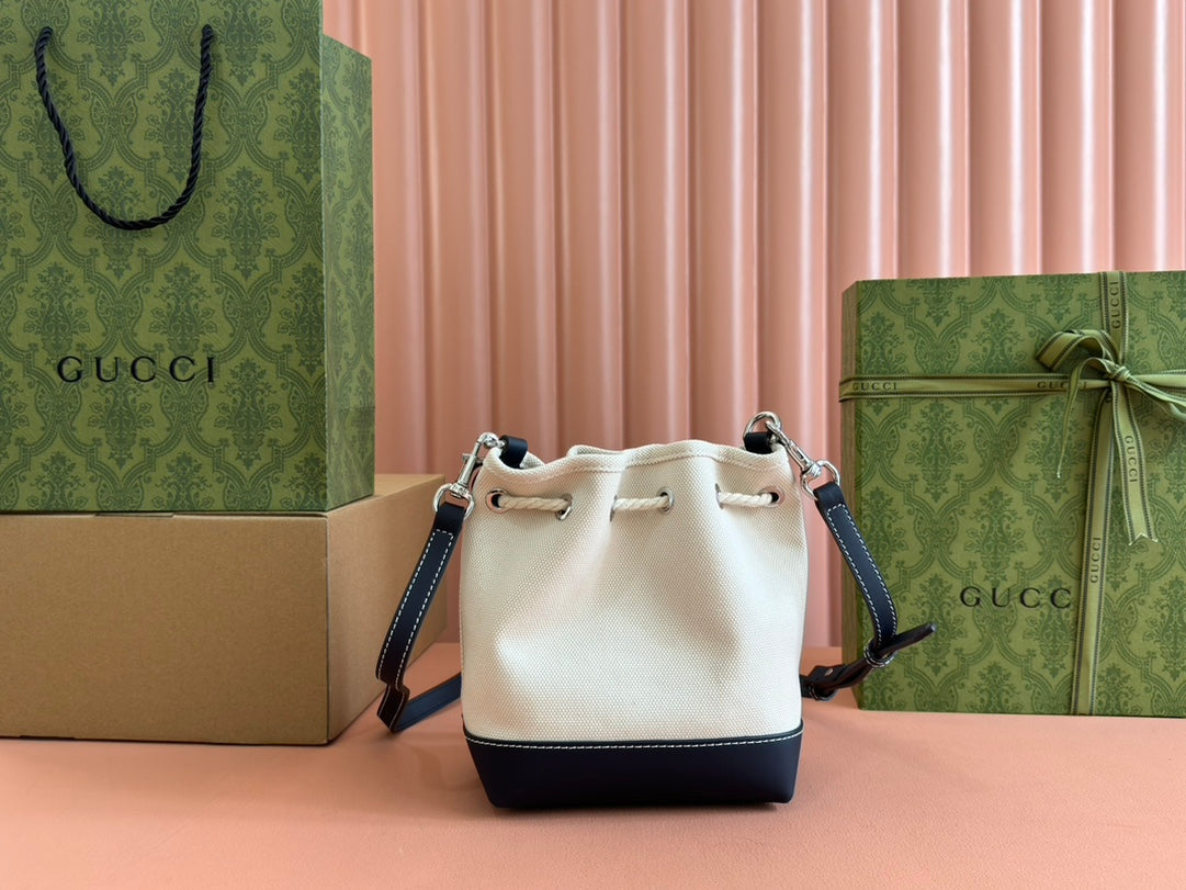 Gucci Bucket Bag Blue White Leather Canvas