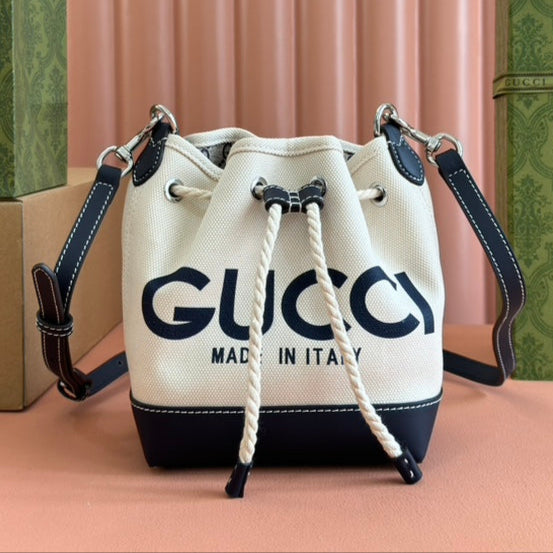 Gucci Bucket Bag Blue White Leather Canvas