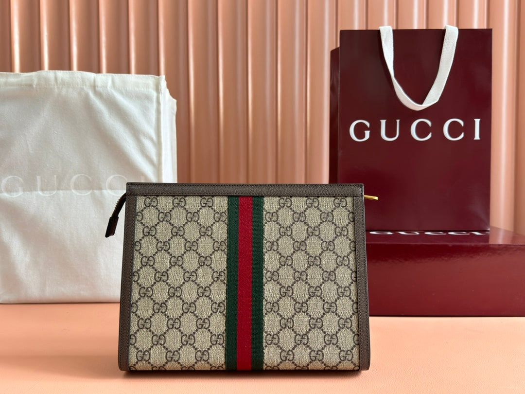 Gucci Ophidia 27cm Clutch Ebony Brown Canvas Leather 239914