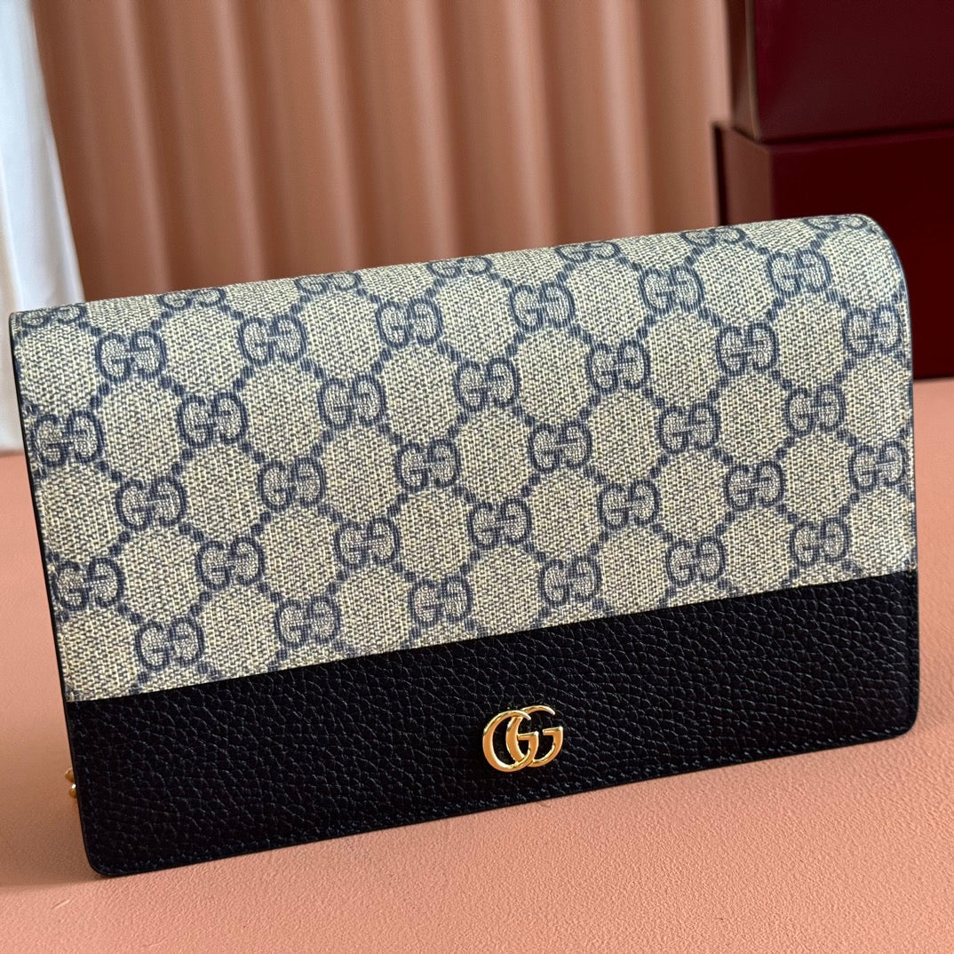 Gucci Marmont Chain Wallet Ebony Blue Black Leather Canvas 255317