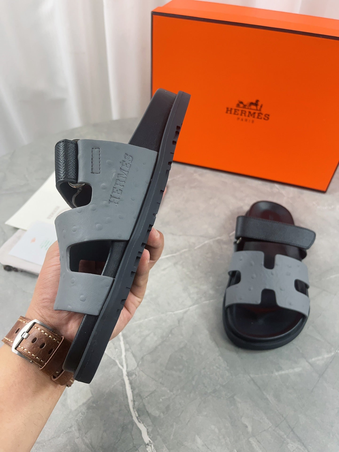 chypre sandal black grey calfskin