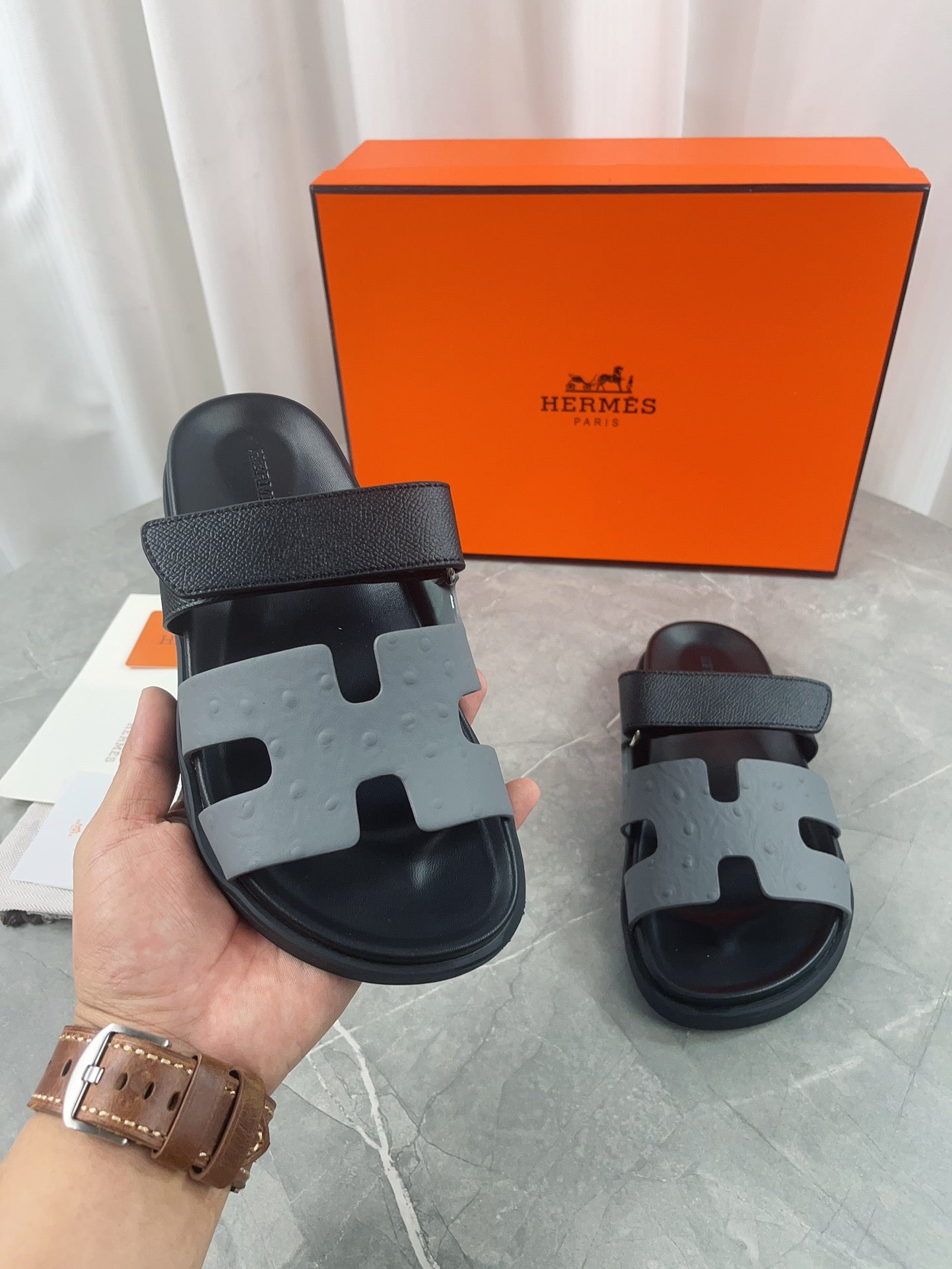 chypre sandal black grey calfskin