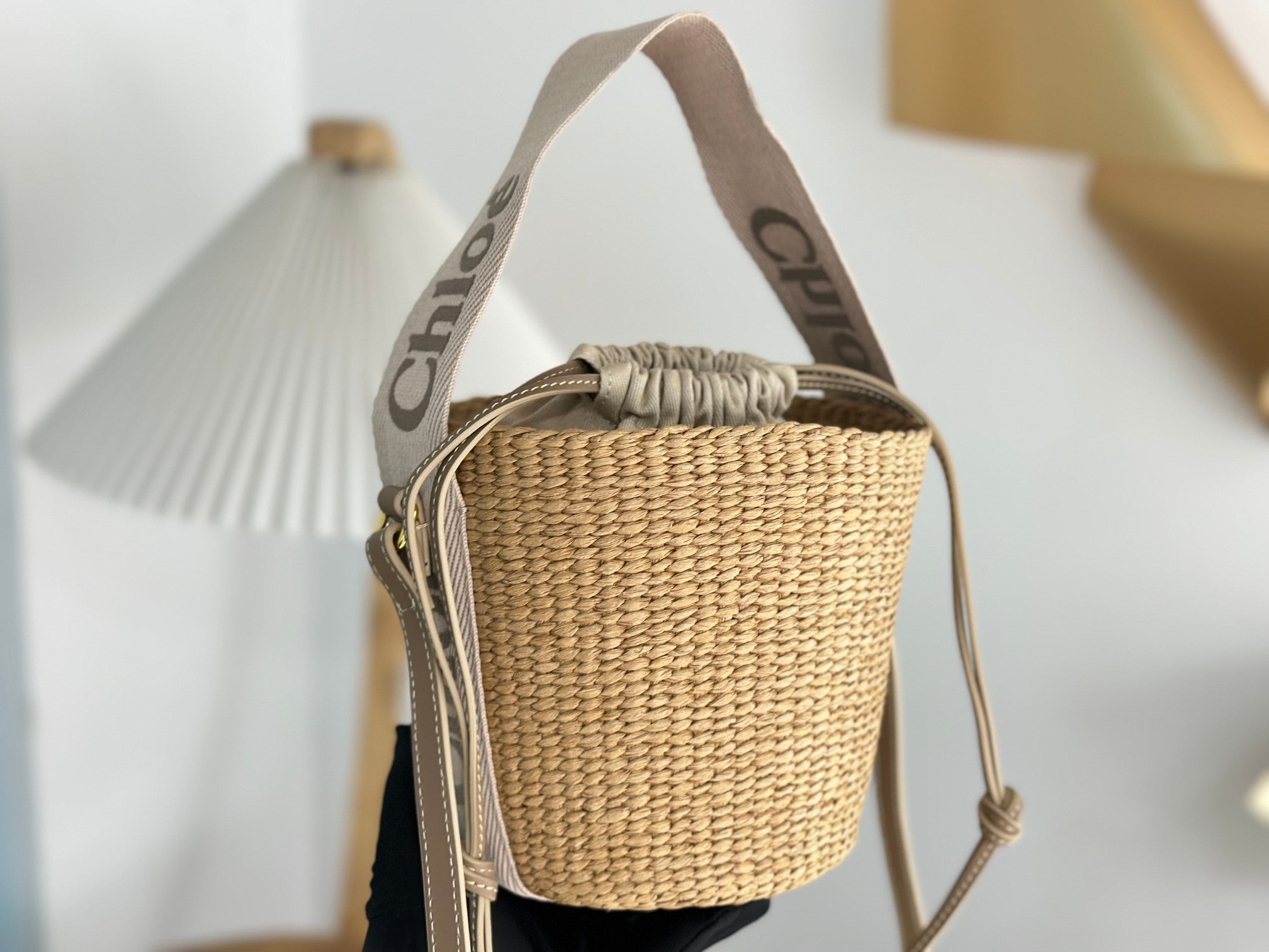 Chloe Woody straw bucket bag beige raffia