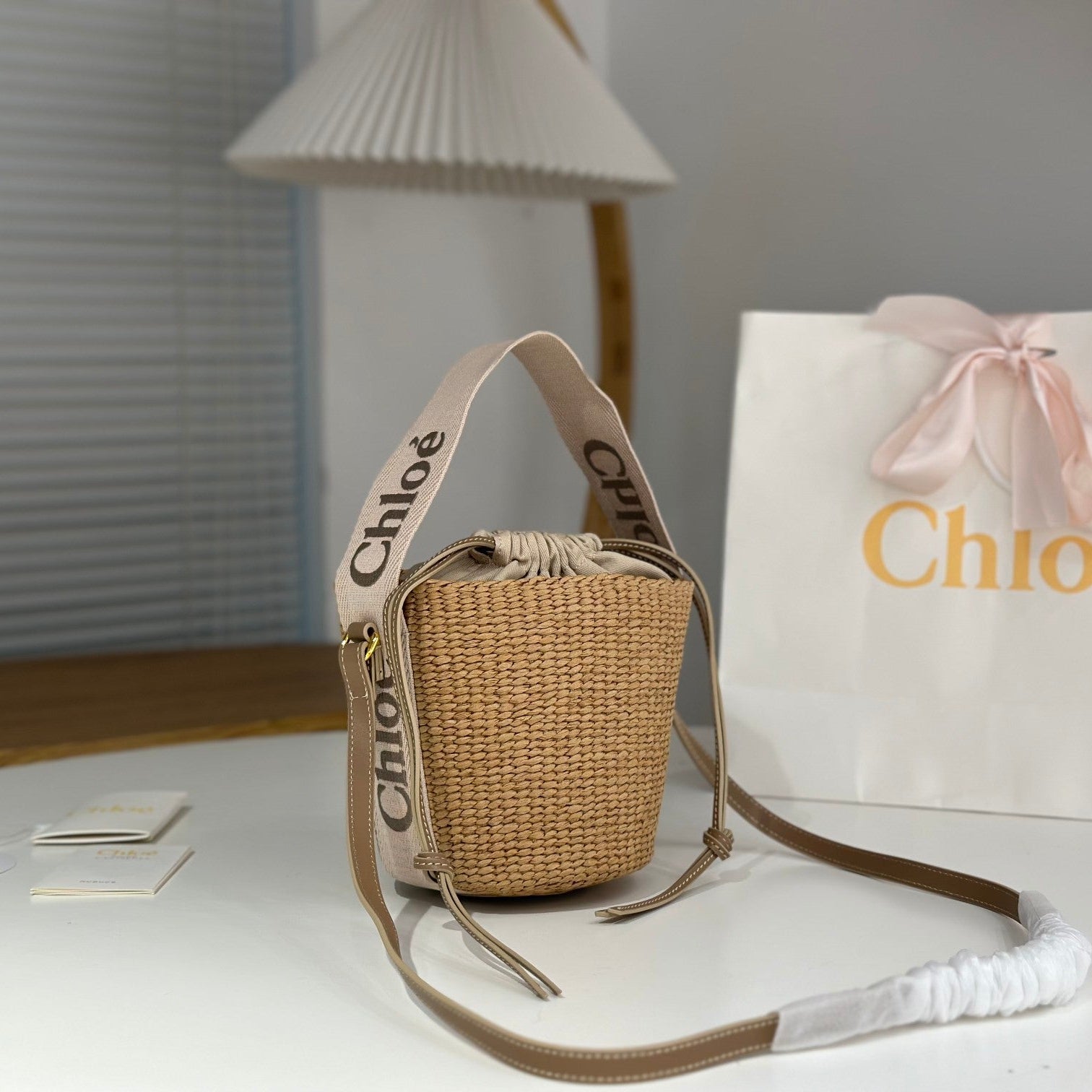Chloe Woody straw bucket bag beige raffia