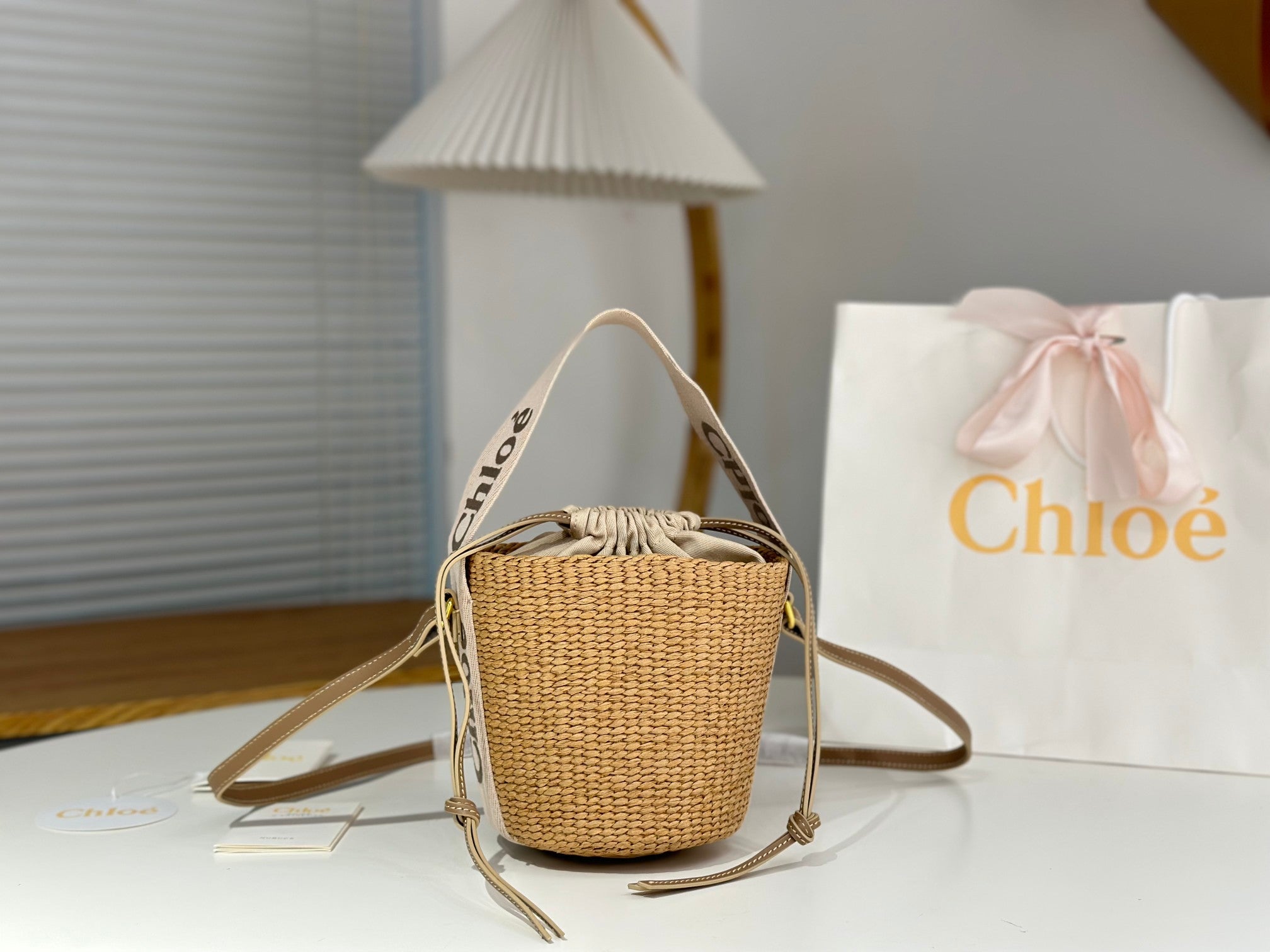 Chloe Woody straw bucket bag beige raffia