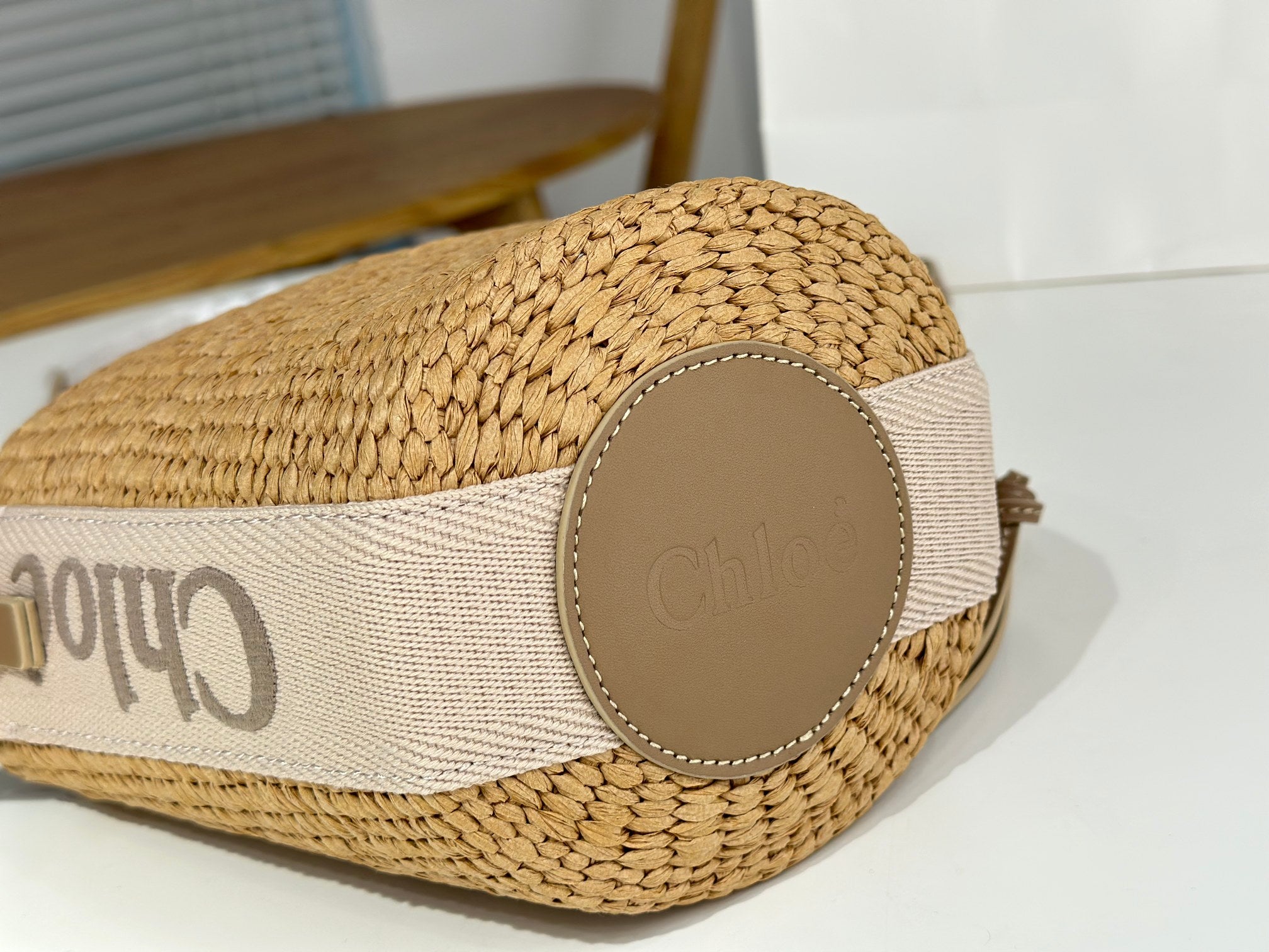 Chloe Woody straw bucket bag beige raffia