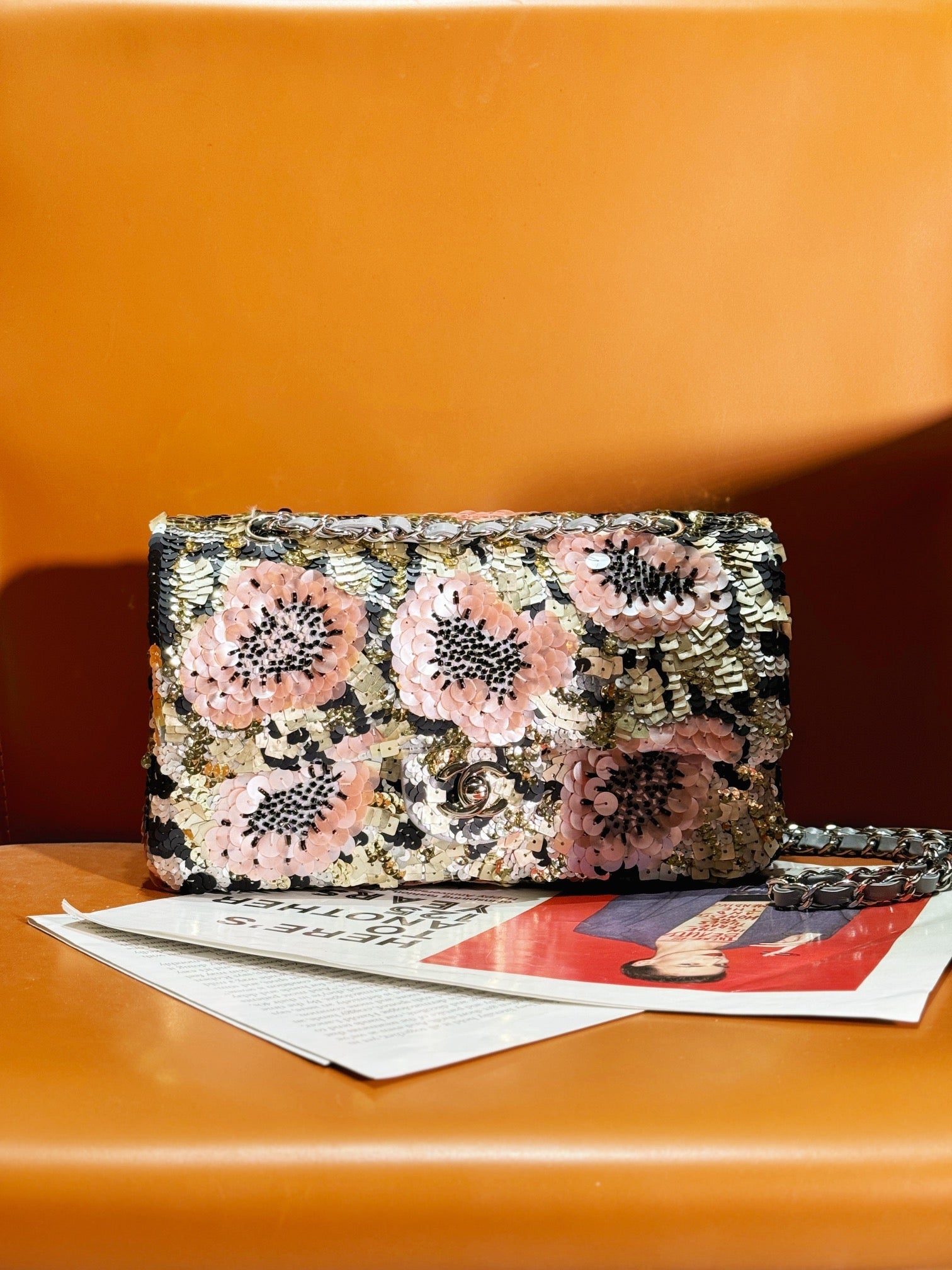 24S Flap Bag 25.5cm Multicolor Sequin Pink Flower Pearl Caflskin