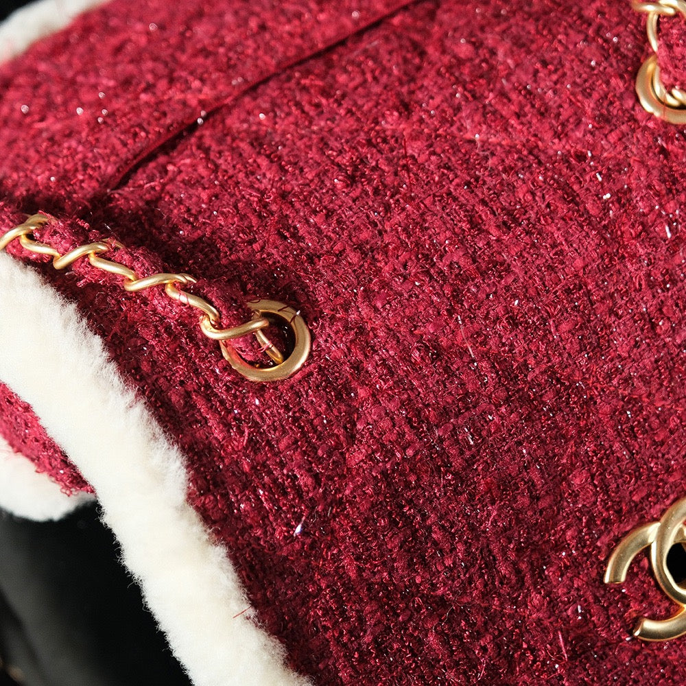 CC 24N Flap Bag 20cm Red Beige Tweed Sherling