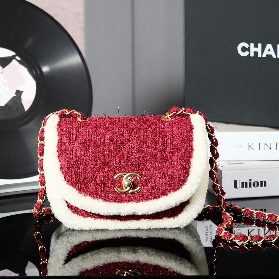 CC 24N Flap Bag 20cm Red Beige Tweed Sherling