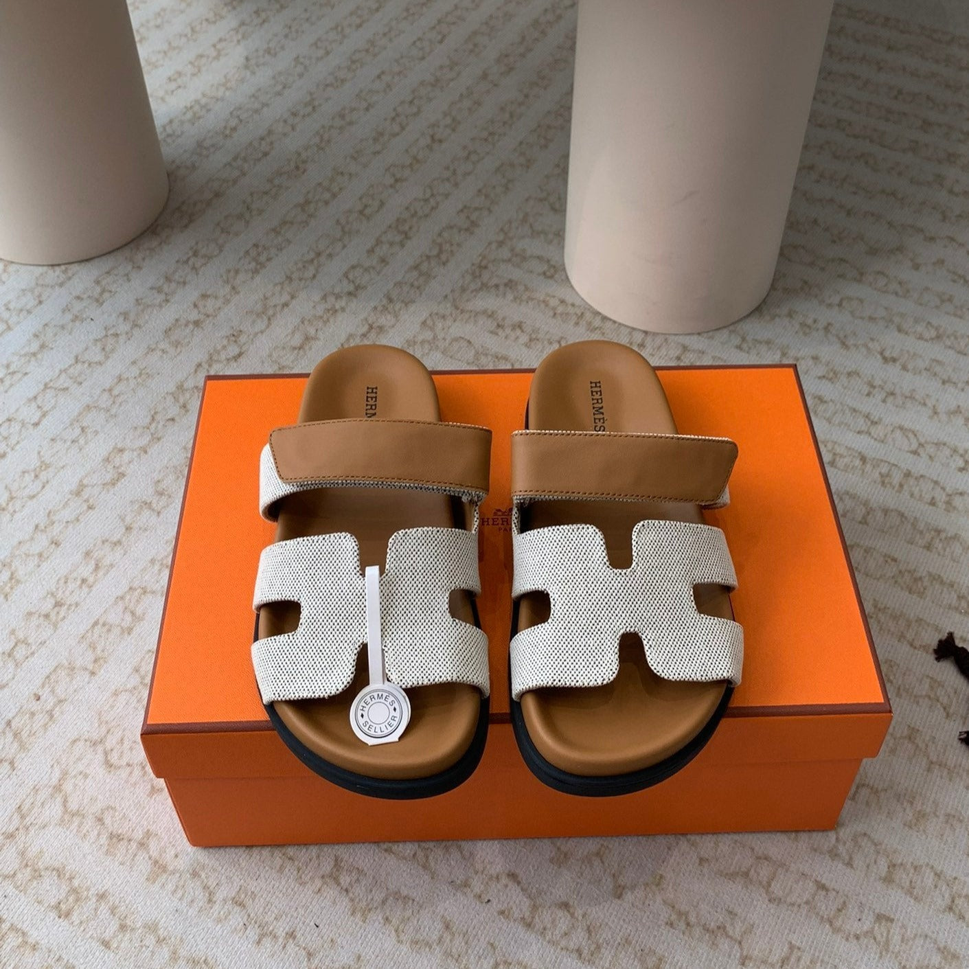 chypre sandal white canvas brown calfskin