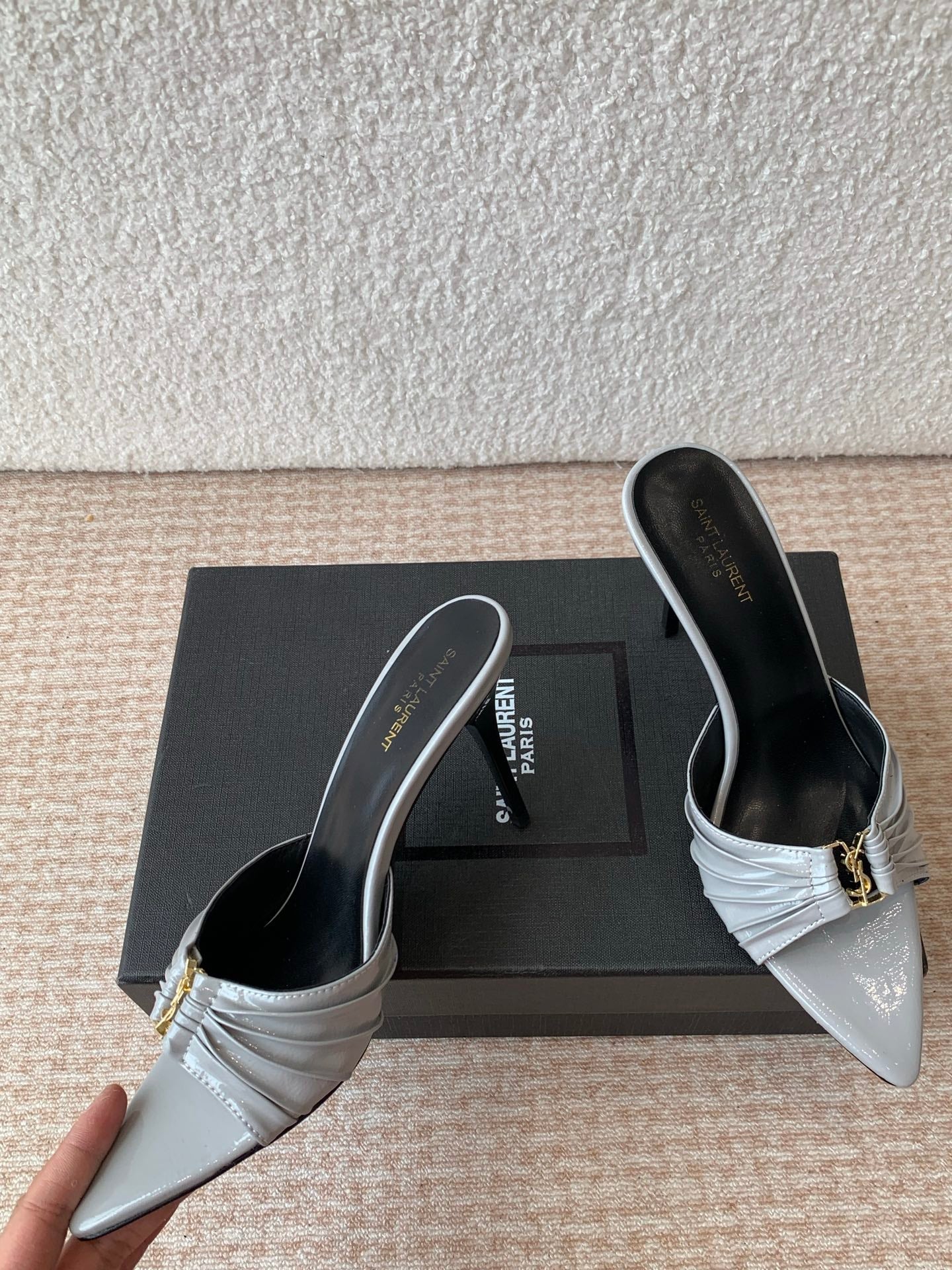 SL Babylone Sandal Heeled 10cm Grey Patent Calfskin