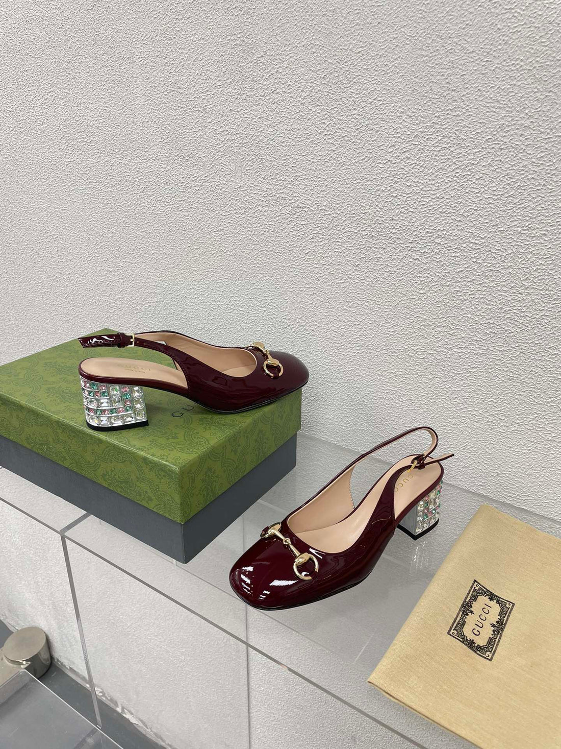 GG WOMEN'S HORSEBIT SLINGBACK IN WINE RED CALFSKIN WITH RHINSTONES