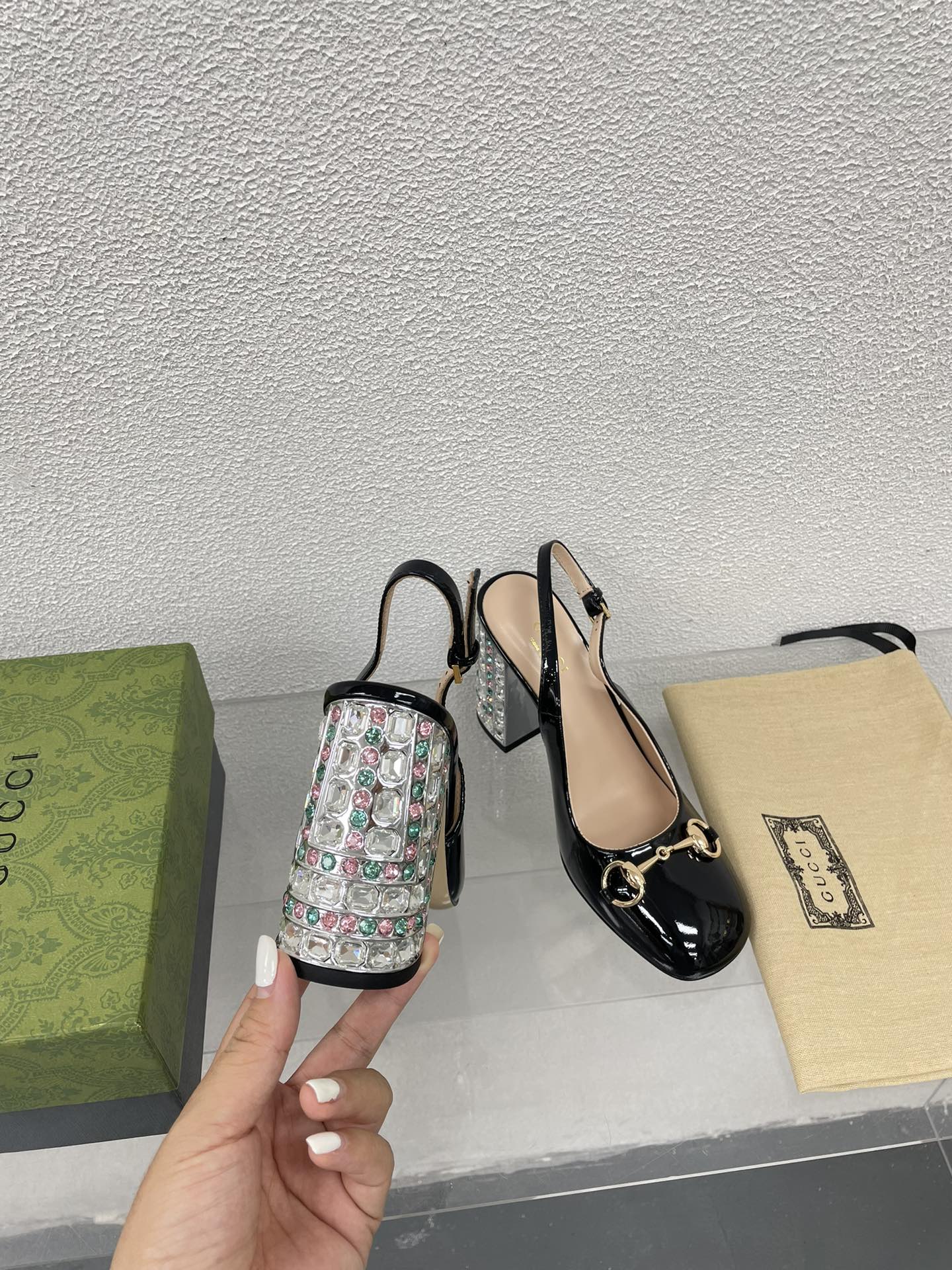 GG WOMEN'S HORSEBIT SLINGBACK 95MM IN BLACK CALFSKIN WITH RHINSTONES