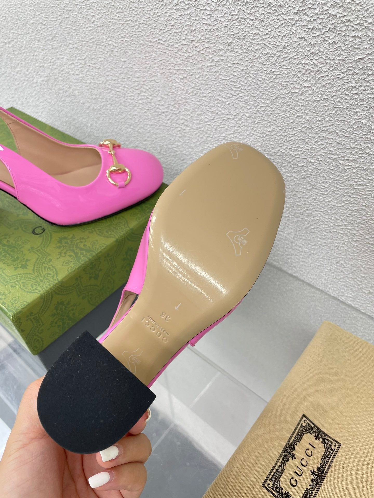 GG WOMEN'S HORSEBIT SLINGBACK 95MM IN FUSICA PINK CALFSKIN WITH RHINSTONES