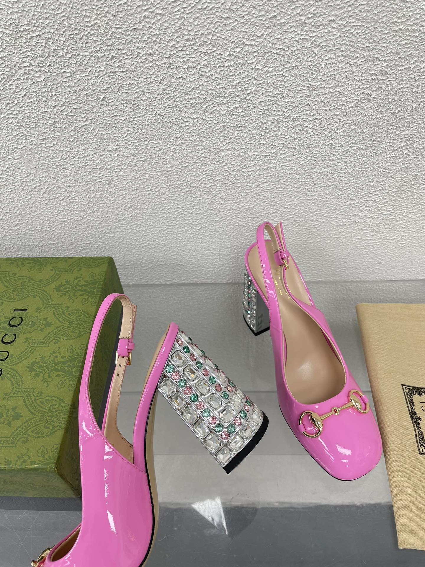 GG WOMEN'S HORSEBIT SLINGBACK 95MM IN FUSICA PINK CALFSKIN WITH RHINSTONES