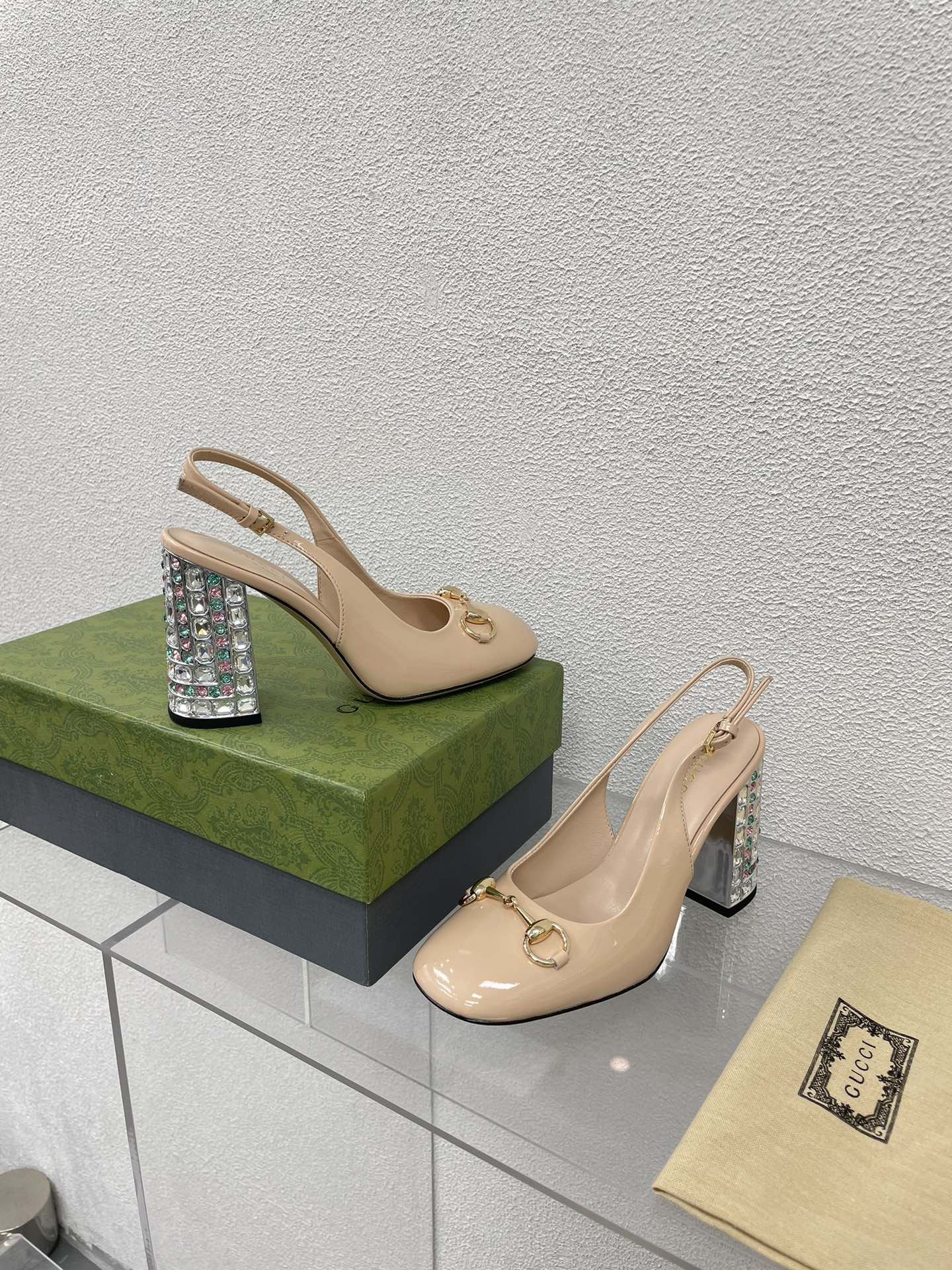 GG WOMEN'S HORSEBIT SLINGBACK 95MM IN TAN BEIGE CALFSKIN WITH RHINSTONES