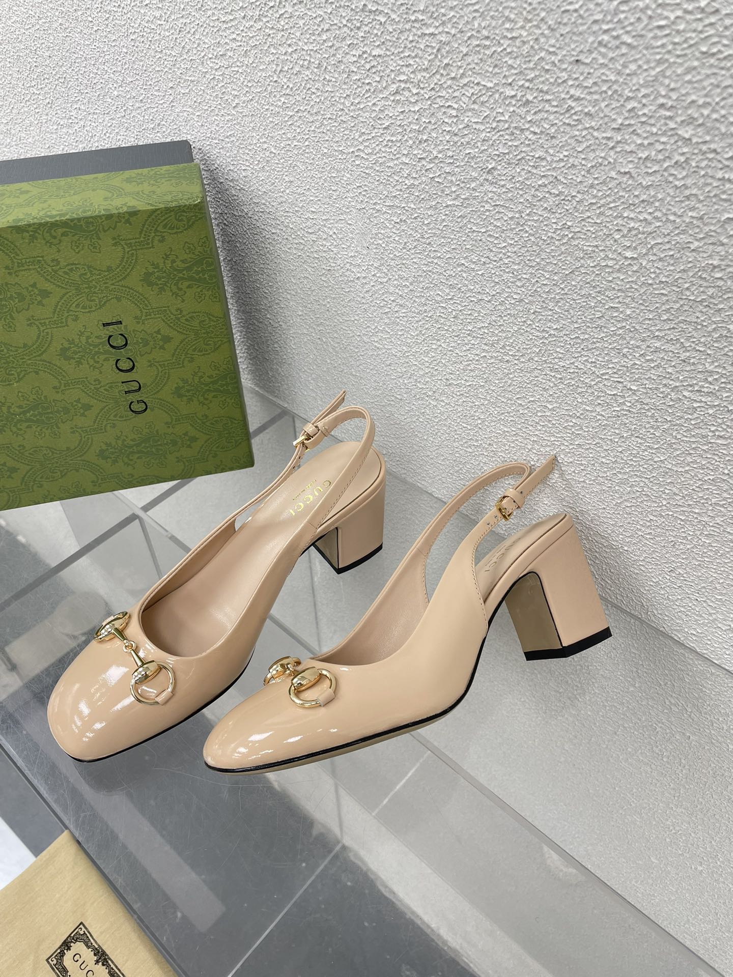 GG WOMEN'S HORSEBIT SLINGBACK 75MM IN TAN BEIGE CALFSKIN