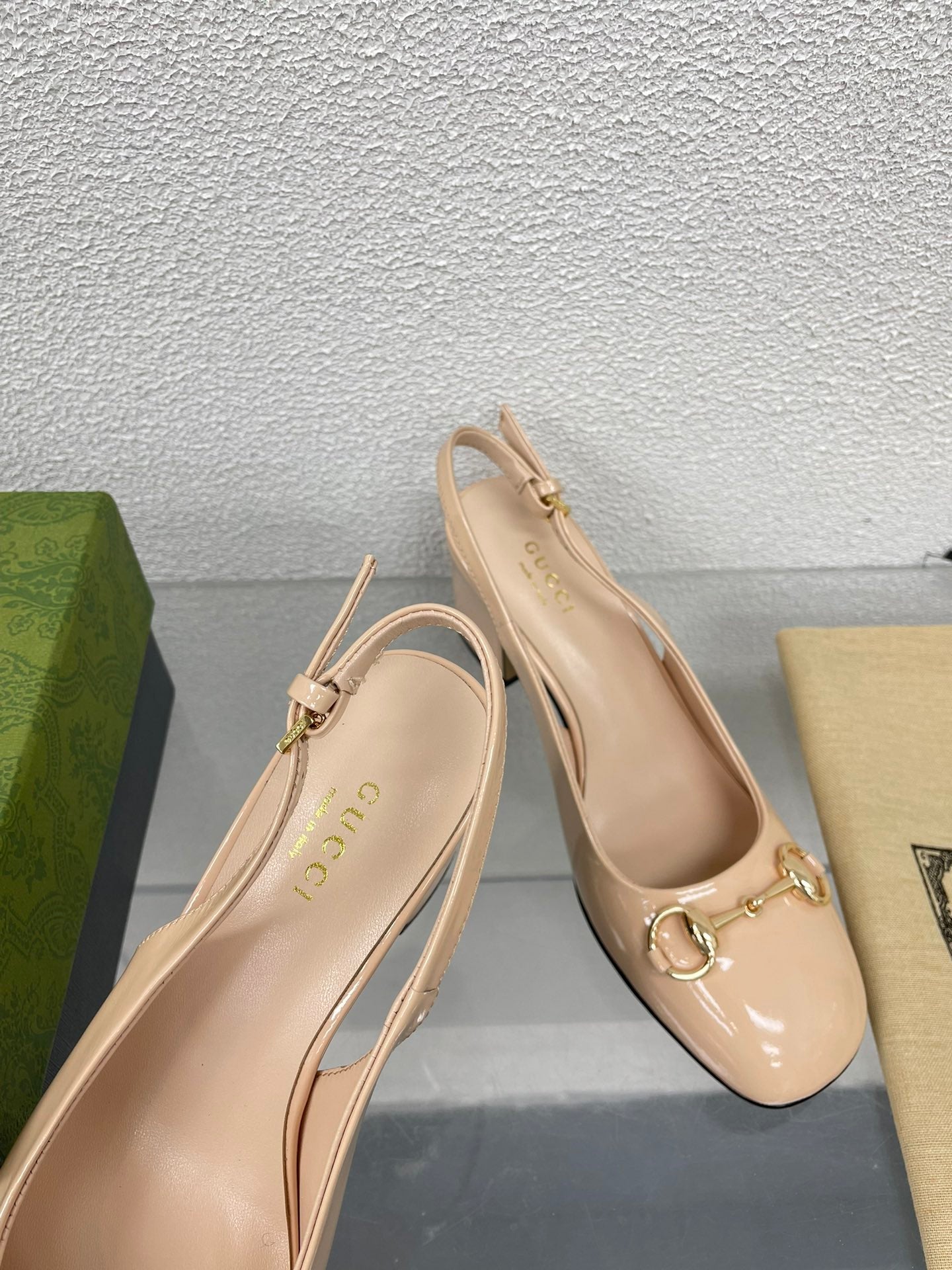 GG WOMEN'S HORSEBIT SLINGBACK 75MM IN TAN BEIGE CALFSKIN