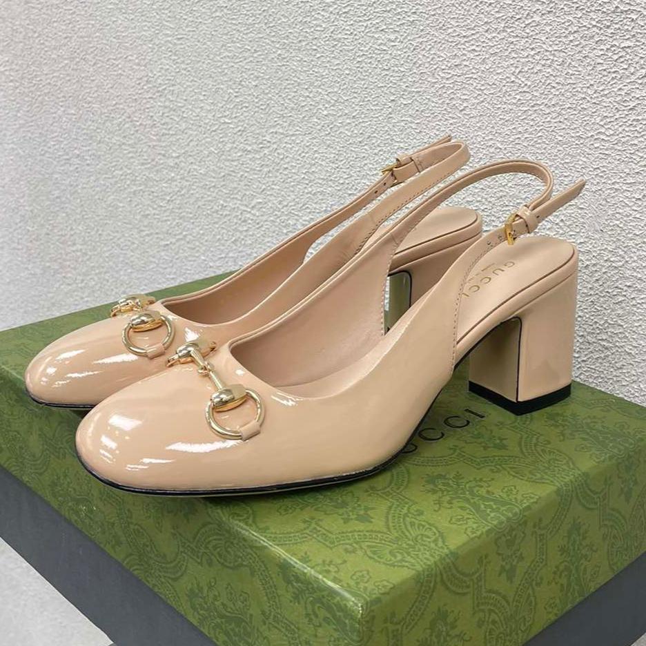 GG WOMEN'S HORSEBIT SLINGBACK 75MM IN TAN BEIGE CALFSKIN