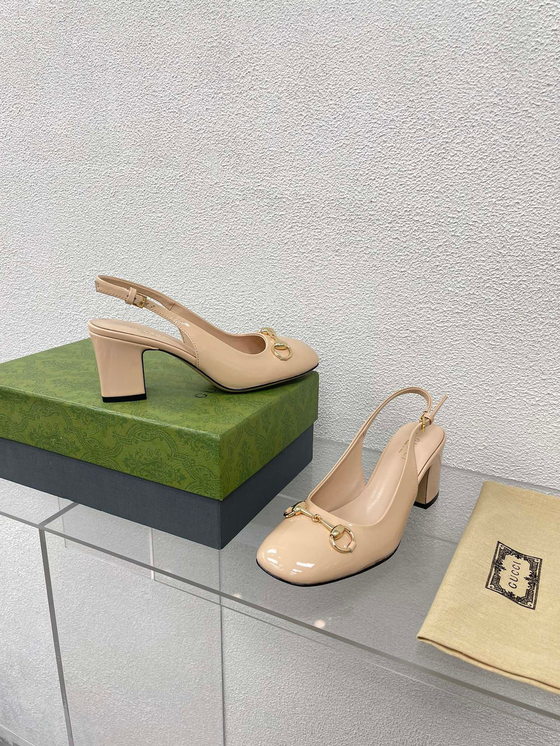 GG WOMEN'S HORSEBIT SLINGBACK 75MM IN TAN BEIGE CALFSKIN