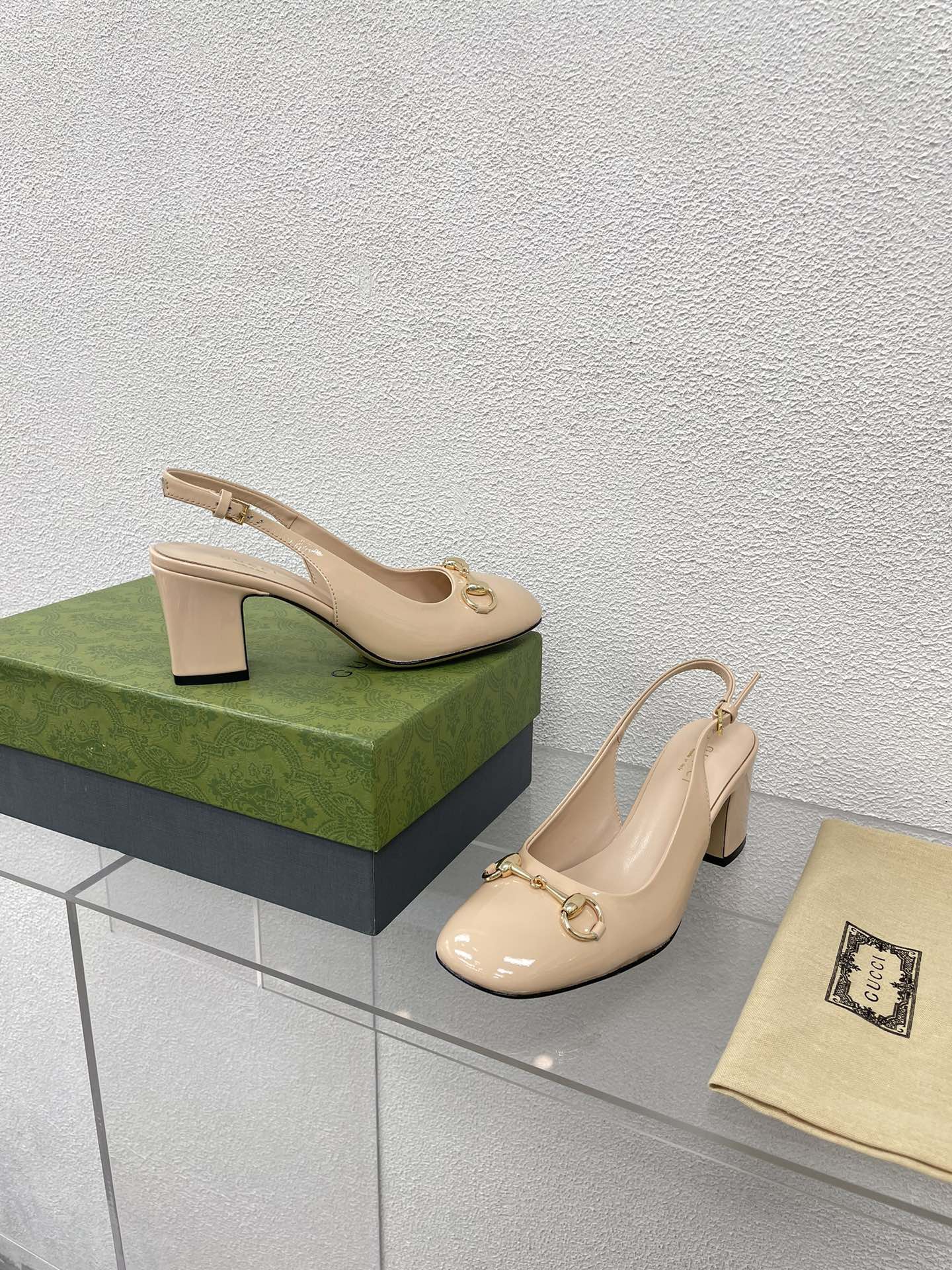 GG WOMEN'S HORSEBIT SLINGBACK 75MM IN TAN BEIGE CALFSKIN