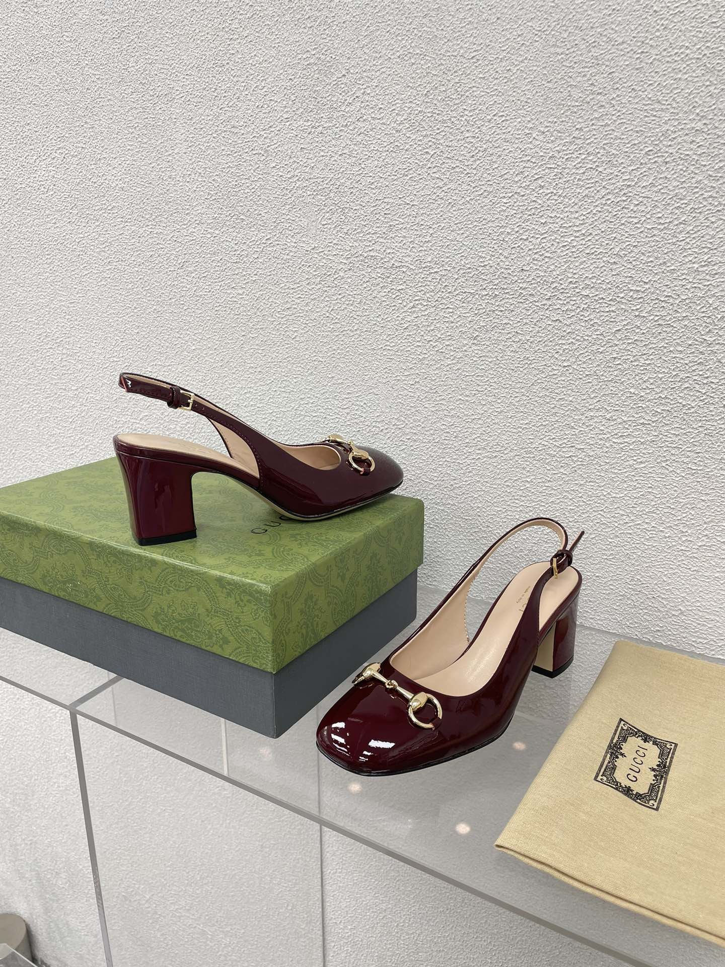 GG WOMEN'S HORSEBIT SLINGBACK 75MM IN WINE RED CALFSKIN