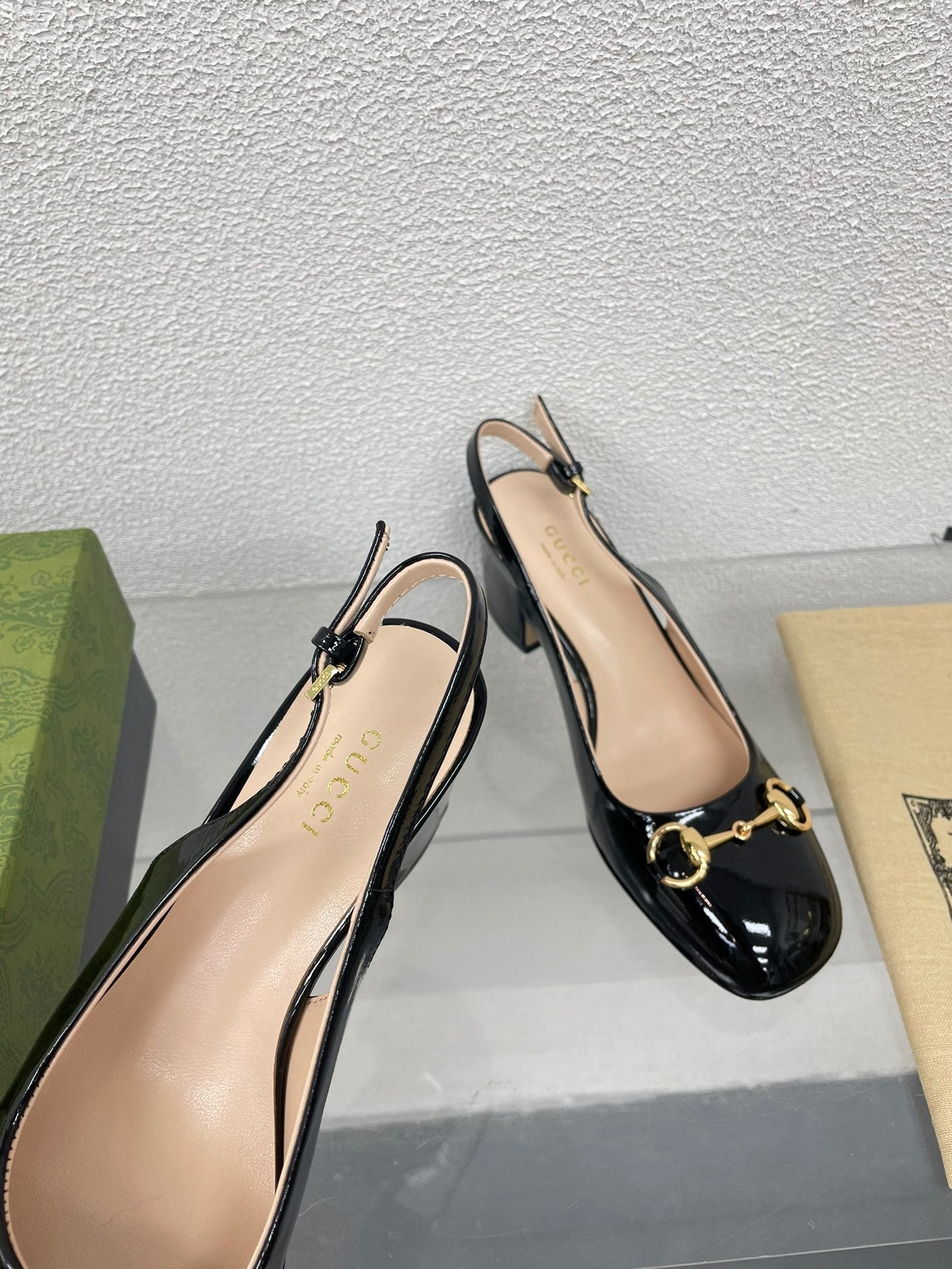 GG WOMEN'S HORSEBIT SLINGBACK 75MM IN BLACK CALFSKIN