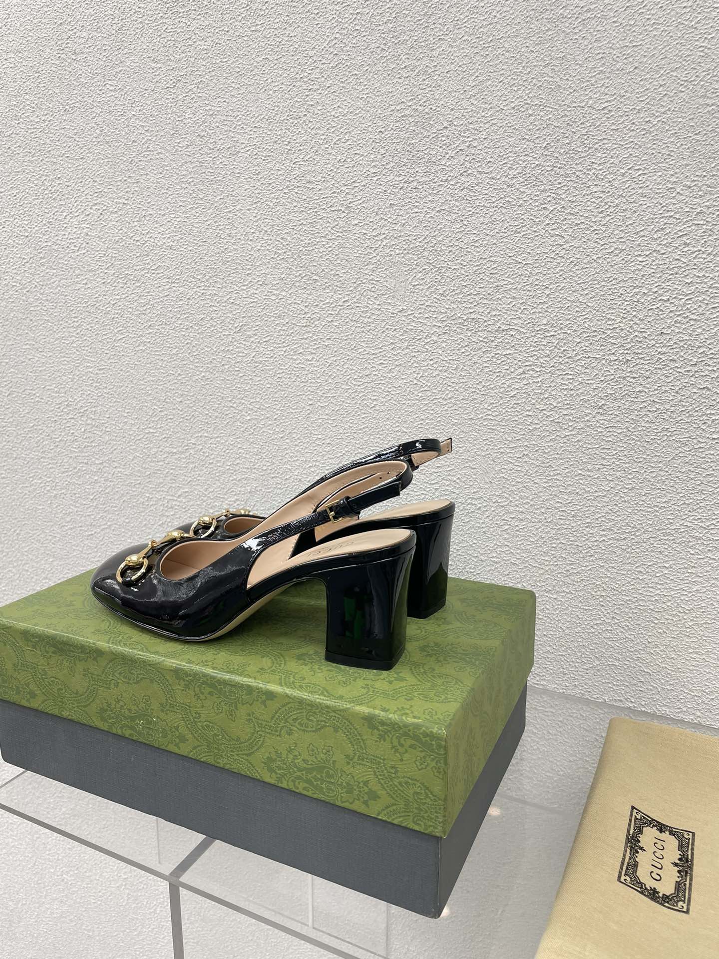 GG WOMEN'S HORSEBIT SLINGBACK 75MM IN BLACK CALFSKIN