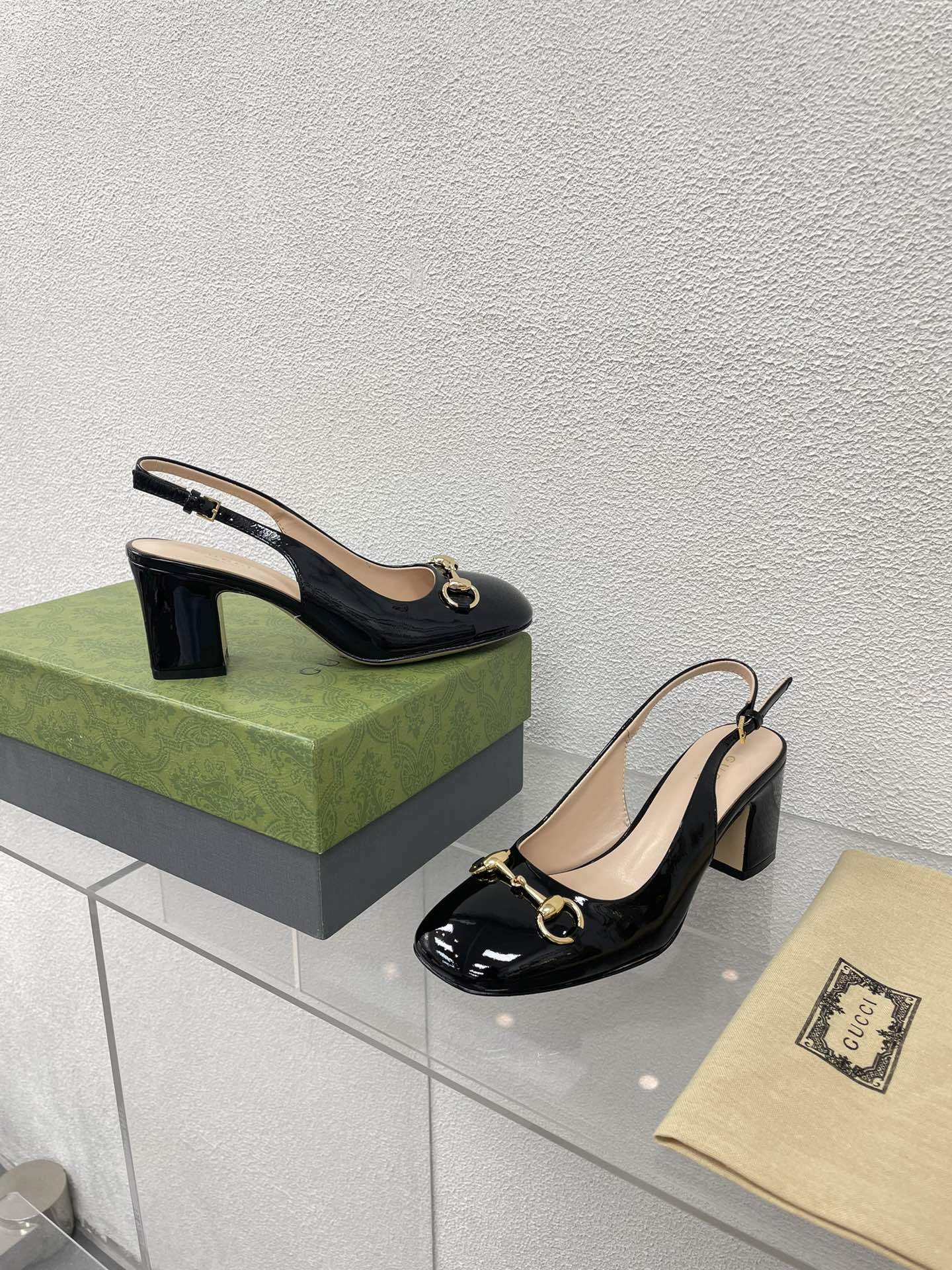 GG WOMEN'S HORSEBIT SLINGBACK 75MM IN BLACK CALFSKIN