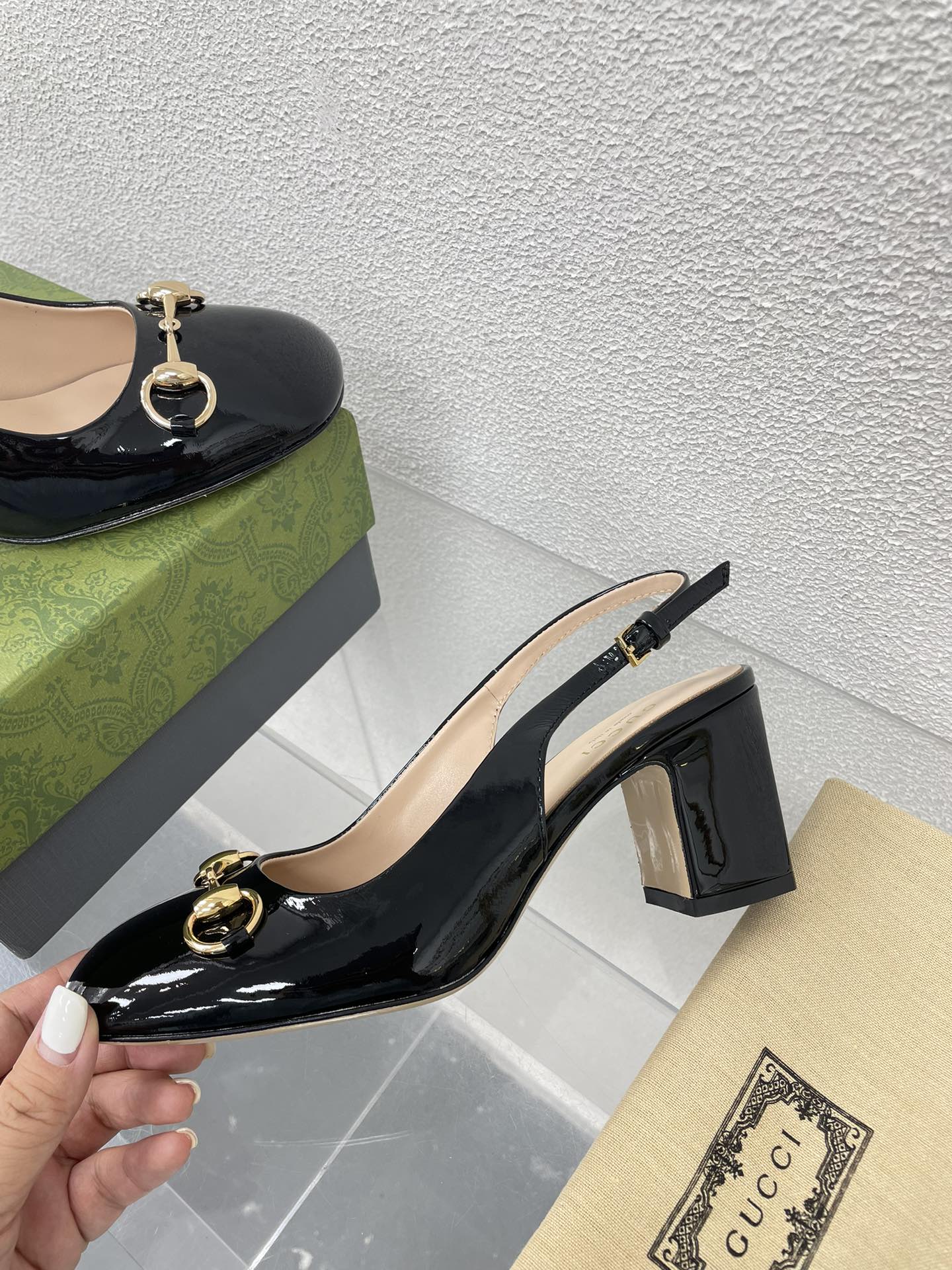 GG WOMEN'S HORSEBIT SLINGBACK 75MM IN BLACK CALFSKIN