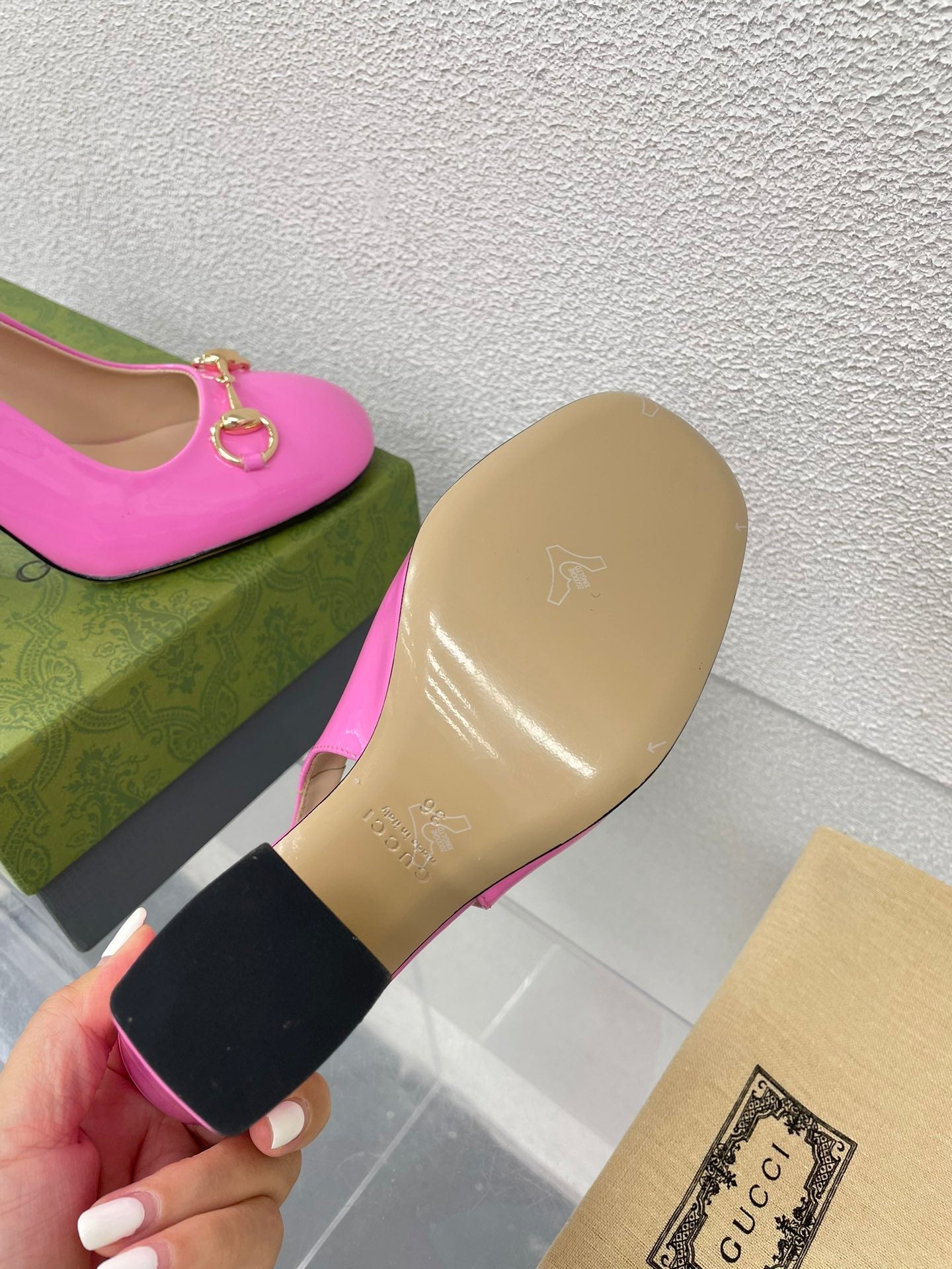 GG WOMEN'S HORSEBIT SLINGBACK 95MM IN FUSICA PINK CALFSKIN